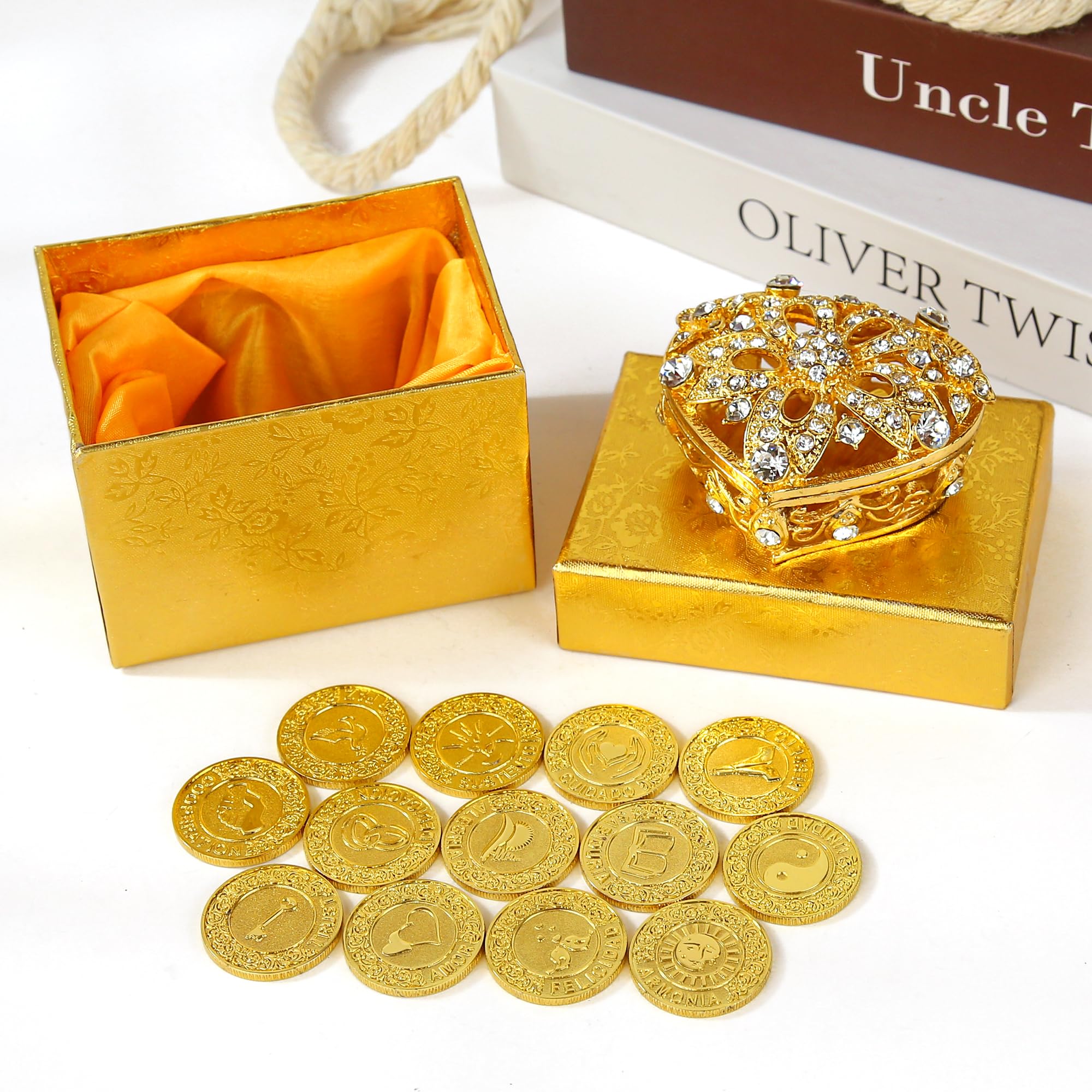 TINGKU 13 Palabras Españolas Las Arras para Boda Catolica, Conjunto de monedas de unidad de boda con caja en forma de corazón, Aras de Matrimonio-monedas de oro 5D