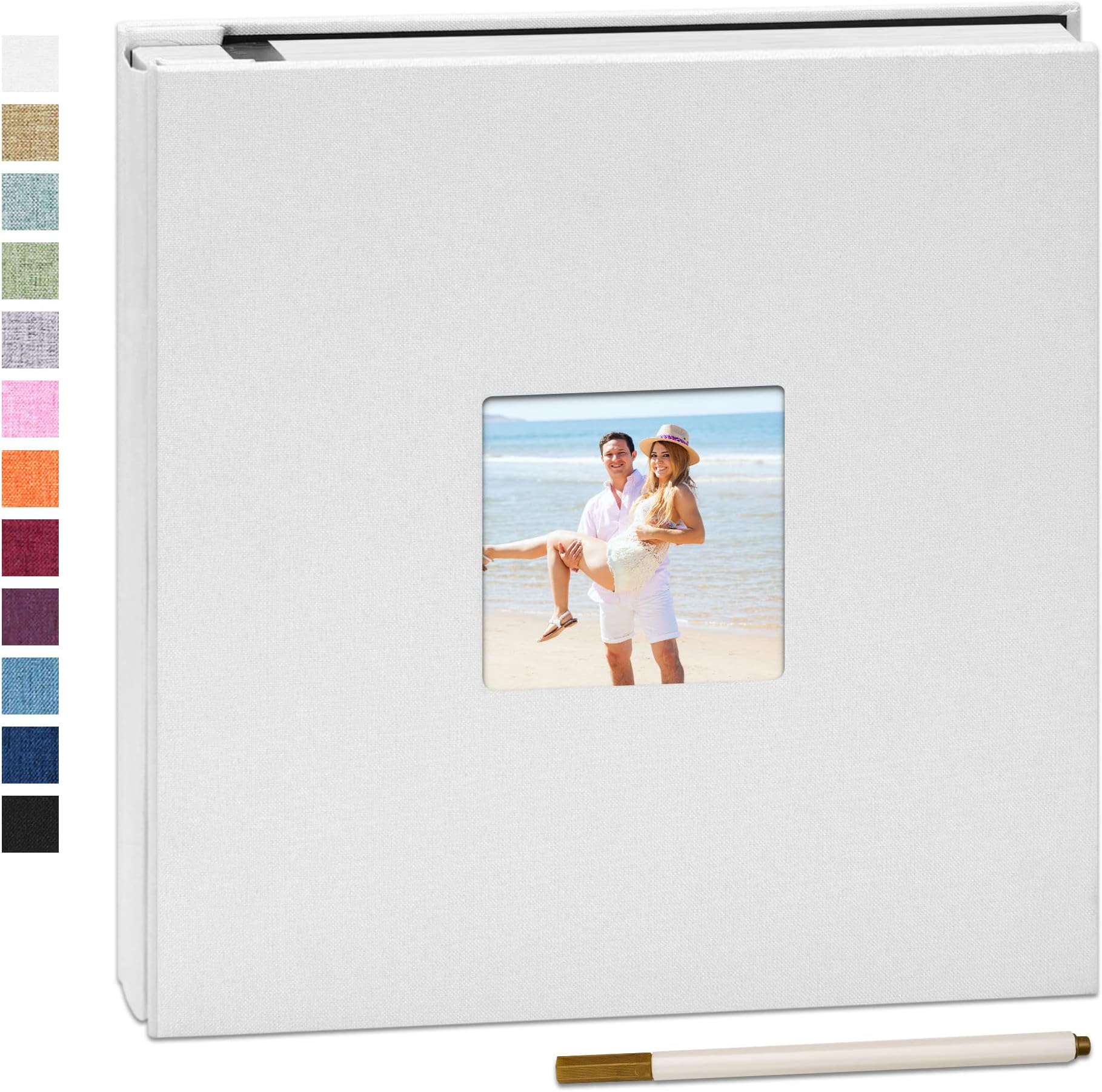 Self Adhesive Photo Album 33x32cm Fits 10x15 8x13 13x18 15x20 20x25 cm Photo Scrapbook with Window 40 Pages Linen Cover with A Metallic Pen DIY Memory Book for Baby Wedding Family White