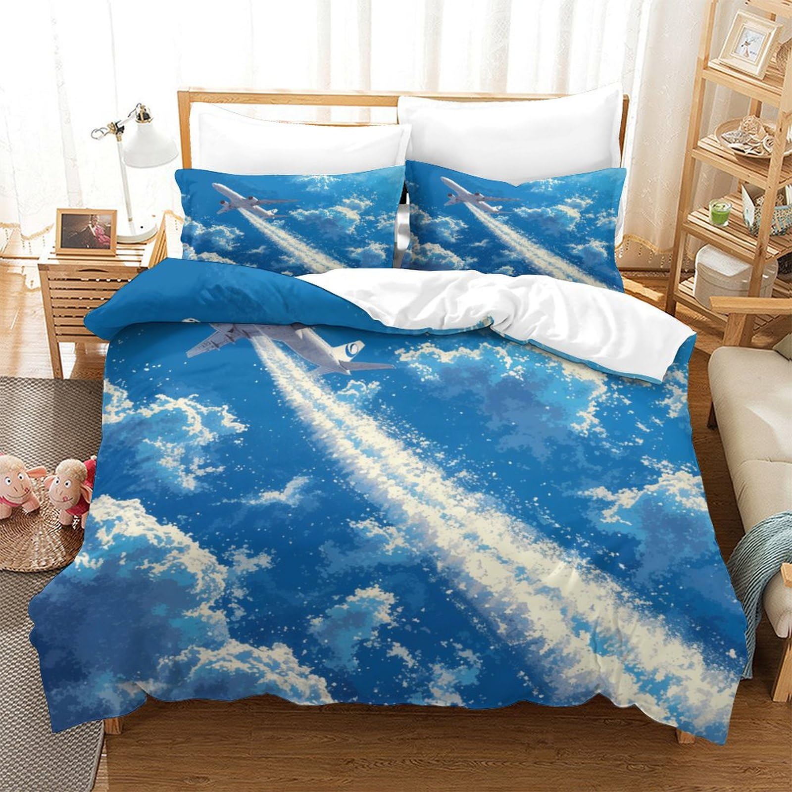 P1s9u7w5y Aircraft-2 Sky Clouds Trail 3D Printed Duvet Cover Set 3Pcs Microfiber Blue Sky Bedding Set Double（200X200cm）