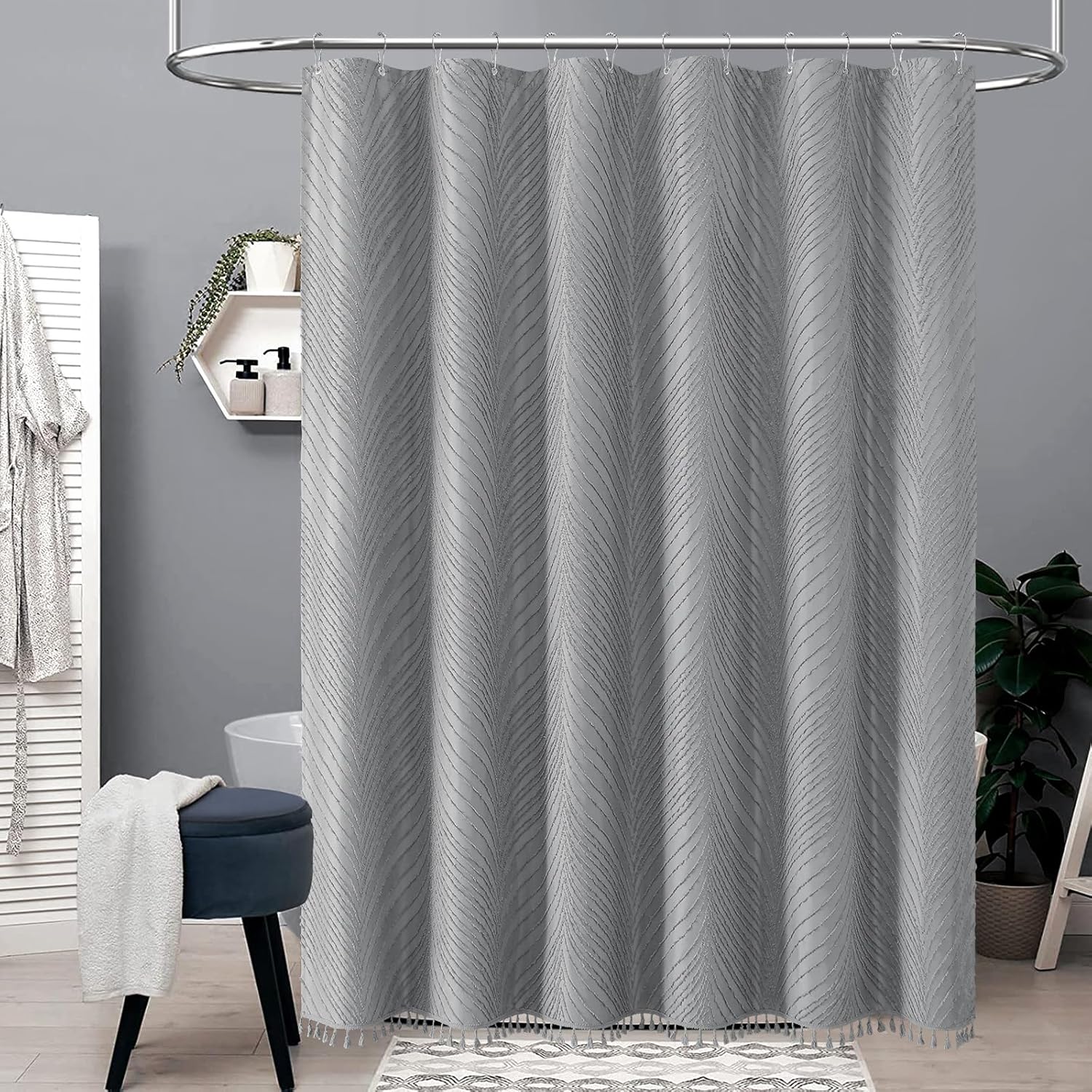 BTTN Long Shower Curtain - 72x78 Boho Tufted Striped Tassel Fabric Shower Curtain Set with 12 Plastic Hooks, Water Repellent, Modern Farmhouse Cloth Shower Curtains for Bathroom, Grey/Gray