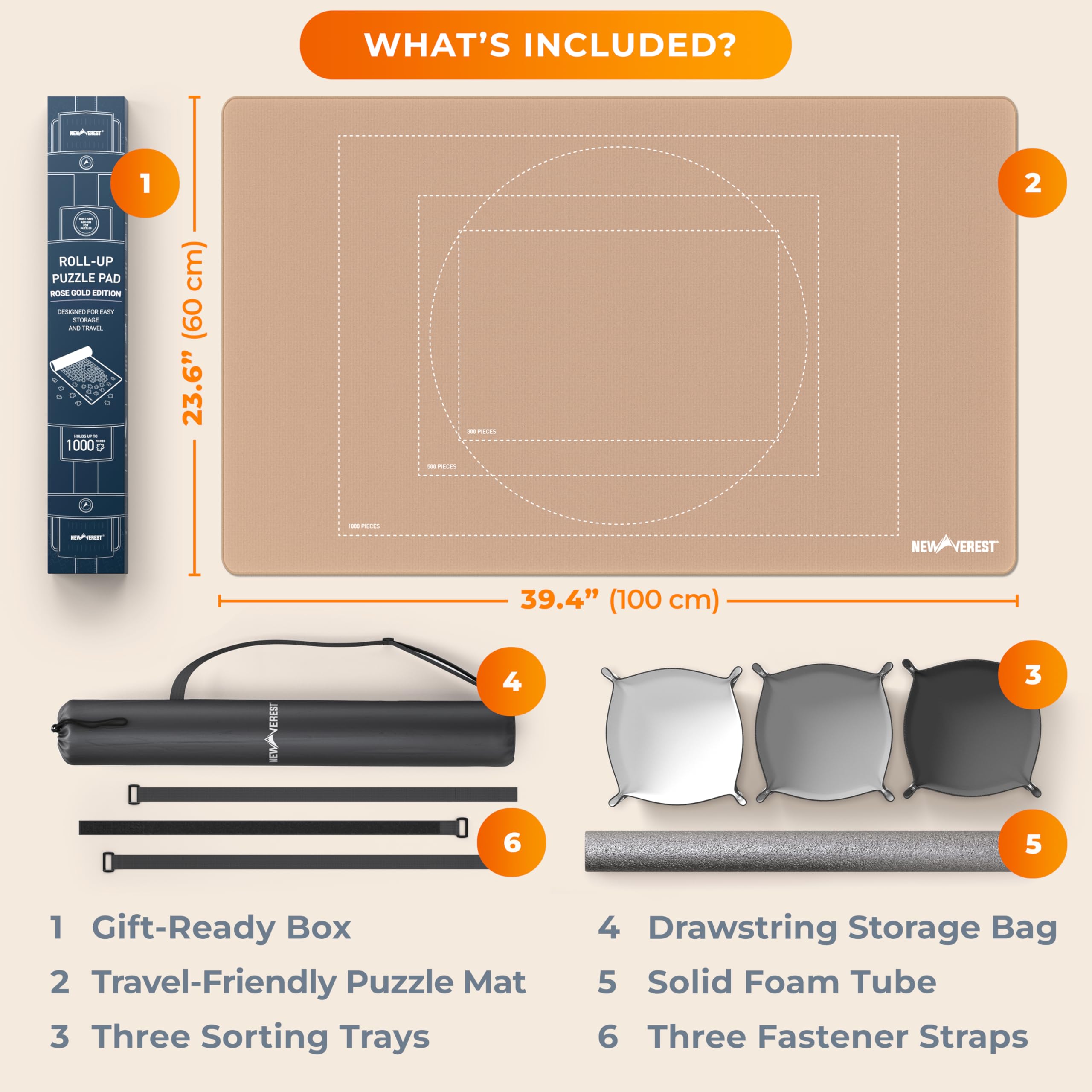 Newverest Tapis puzzle enroulable 100 x 60 cm – Peut contenir jusqu'à 1000 pièces, dessous antidérapant et surface lisse + 3 bols de tri et sac de transport pour les voyages