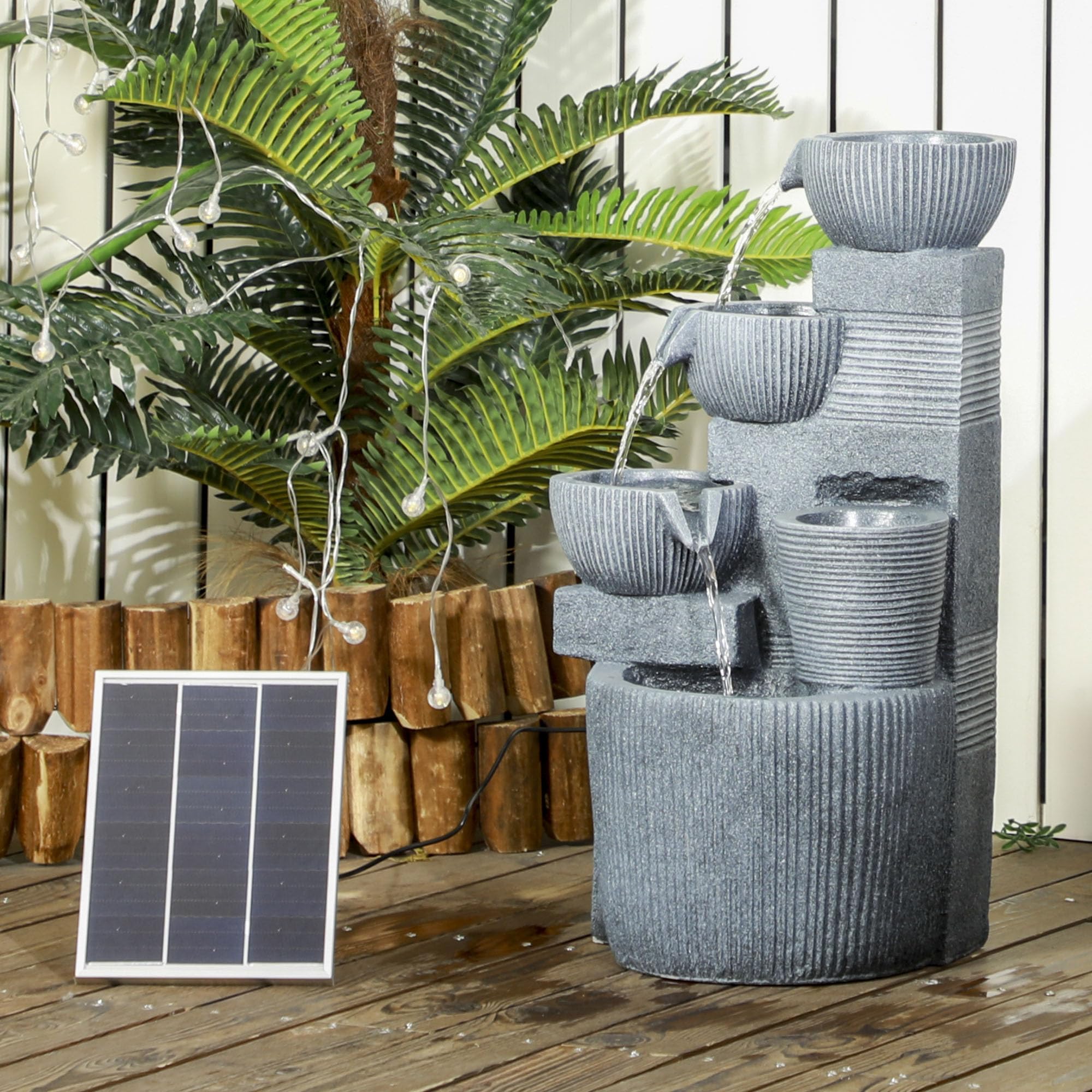 Outsunny Fontaine de Jardin à énergie Solaire Fontaine à Cascade en résine à 4 Niveaux avec lumières LED Pompe et Pot de Fleur dim. 31L x 27l x 57H cm Gris