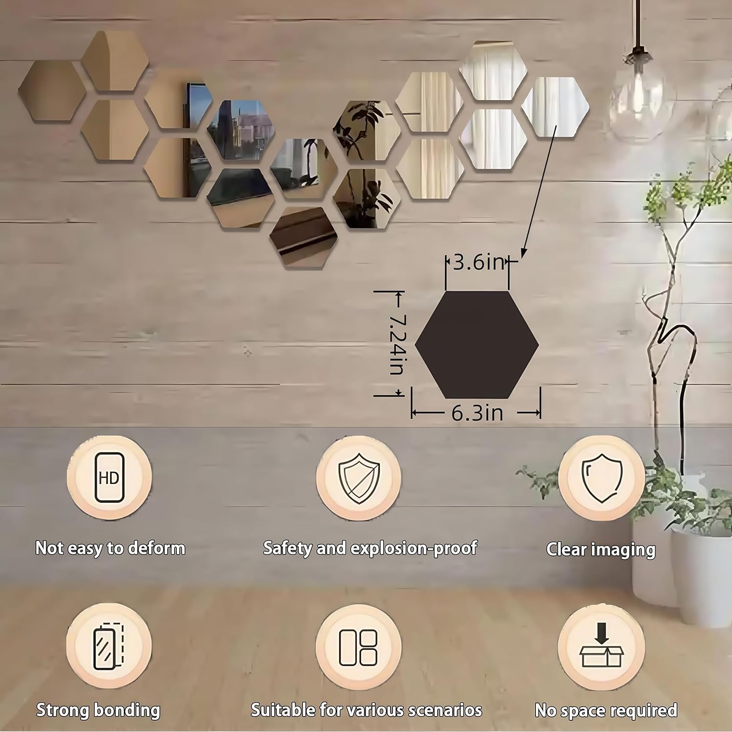 16-Pieces (6.3 * 7.2 * 3.6 inches) Hexagonal Removable Acrylic Mirror Wall Stickers, DIY Art Decoration Decals, Suitable for Home, Bedroom, Living Room and Other Places(Black)