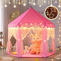 Vista 2 de Monobeach - Tienda de campaña estilo castillo de princesa para niñas - Casa de juegos grande de 55 x 53 pulgadas con luces de estrella