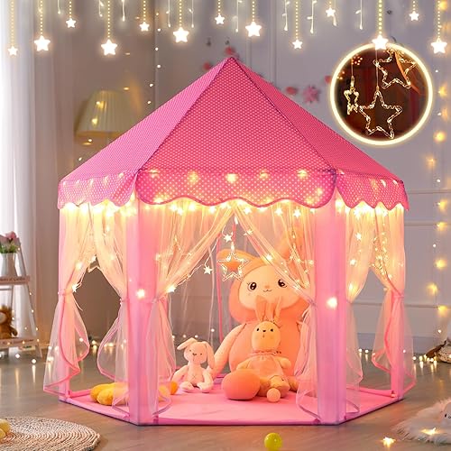 Vista 75 de Monobeach Tienda de campaña de princesa para niñas, casa de juegos grande, castillo para niños, tienda de campaña con luces de estrella, juguete