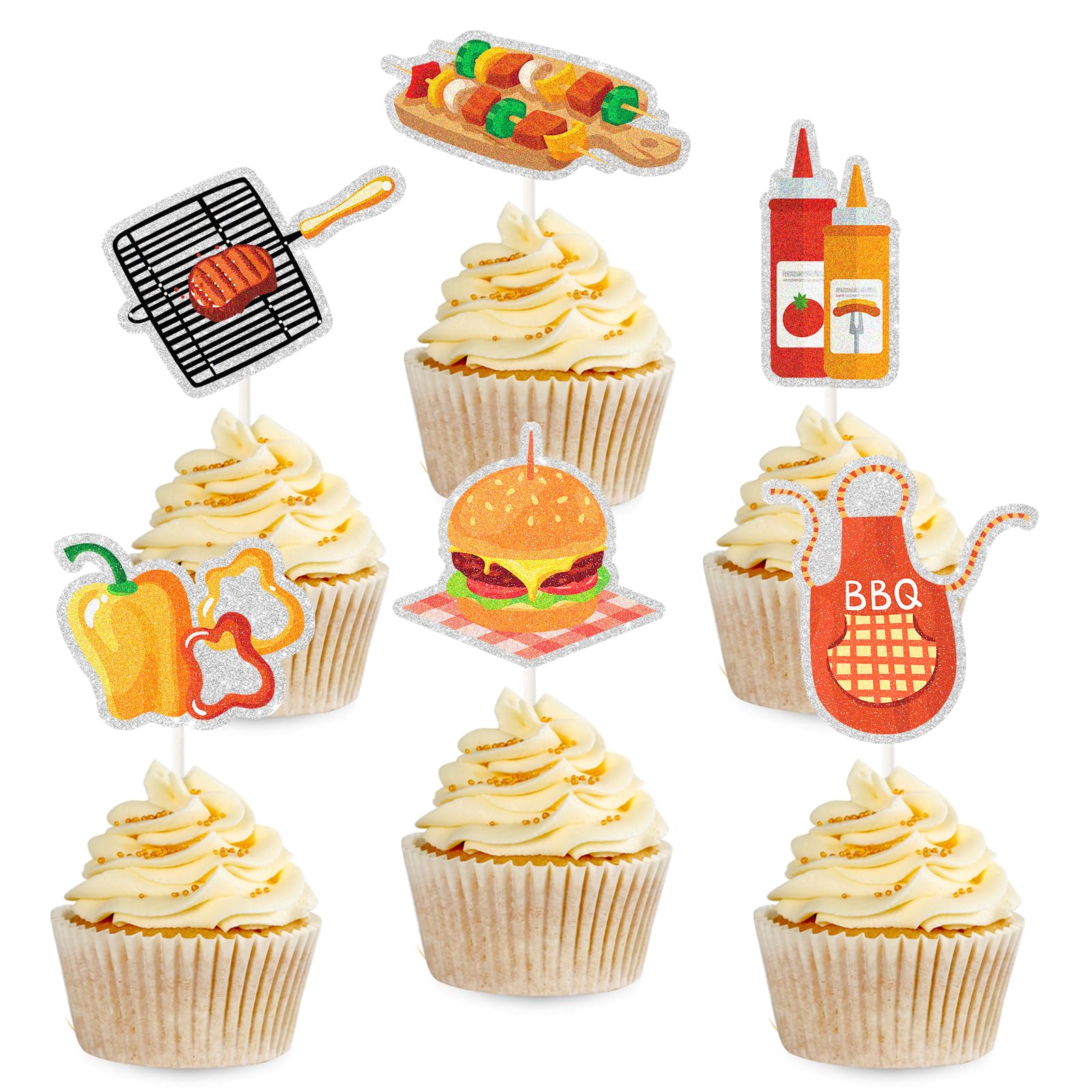Summer BBQ Picnic Party Cupcake Toppers - Hamburger Hot Dog Ketchup Bottles Cupcake Picks - Barbecue Picnic Cookout Fast Food Snacks Themed Baby
