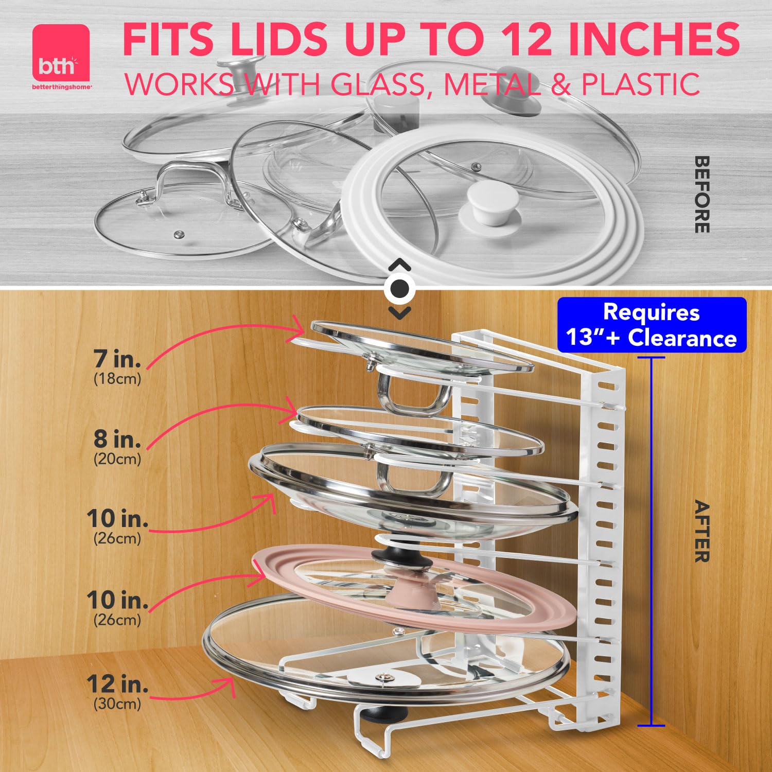 BTH - Organizador de tapa de olla ajustable para armario, estante de almacenamiento de cocina con 6 estantes ajustables, soporte para tapa de olla, almacenamiento de tapa de sartén y olla, perfecto
