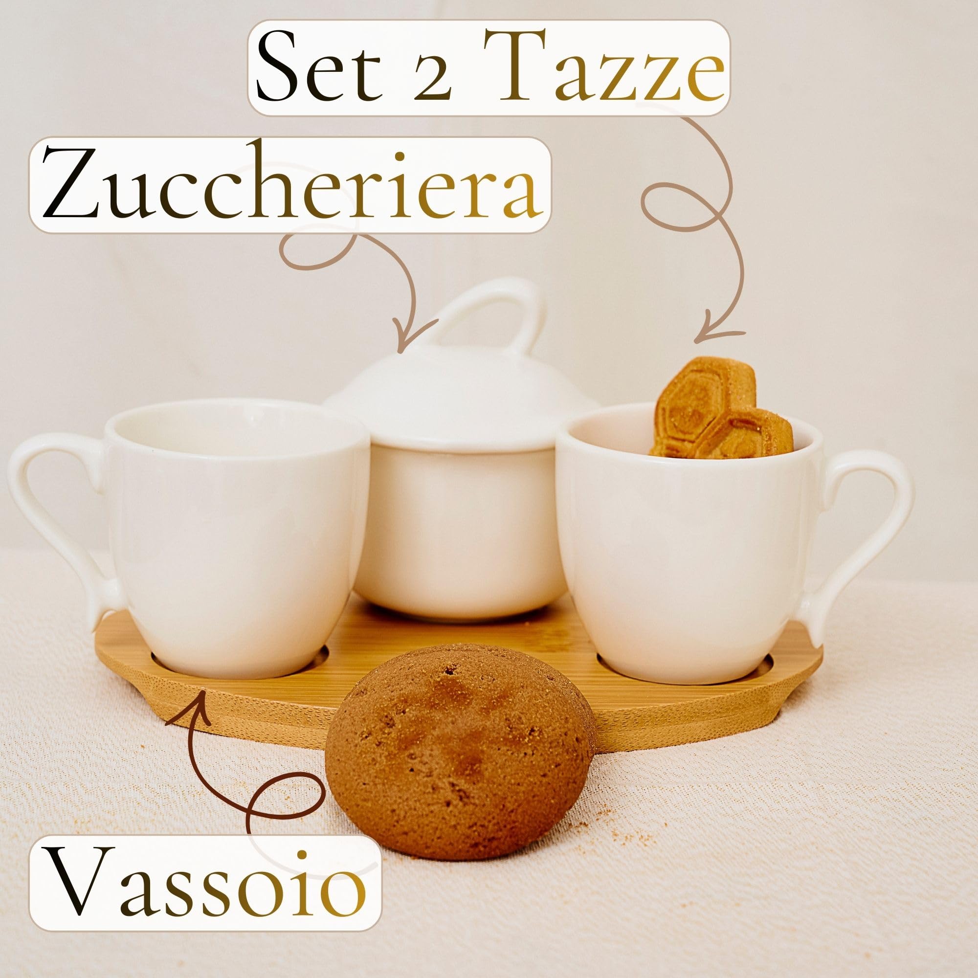 NAMAI - Set di 2 Tazzine Da Caffe, 1 Zuccheriera e 1 Vassoio in Bamboo, New Bone China, Adatte in Lavastoviglie e Microonde, Idea Regalo