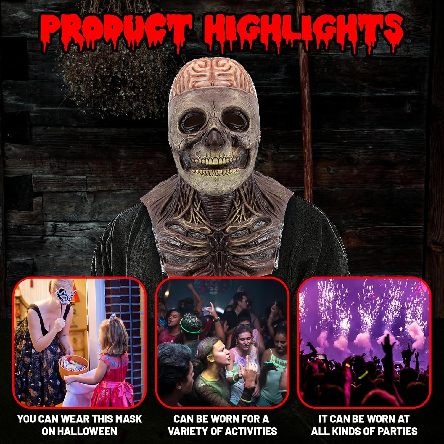 Pigmiss Skull Mask Full Head Scary Bare Brain Creepy Skeleton Mask Headgear Realistic Horror Masks Halloween Cosplay Party Latex Props