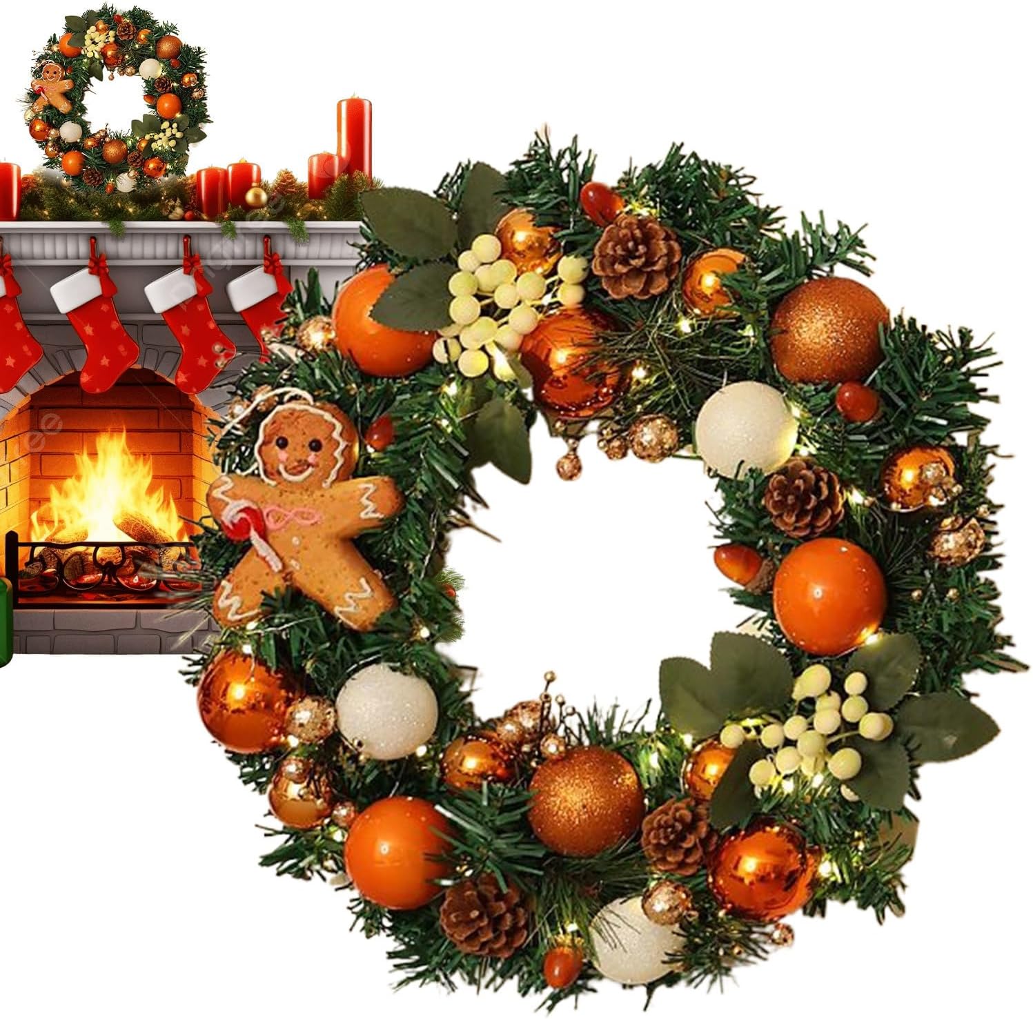 玄関ドア用クリスマスリース、15.7インチ リアルなジンジャーブレッドリースオーナメント ライト付き 屋外装飾 ホリデーデコレーター
