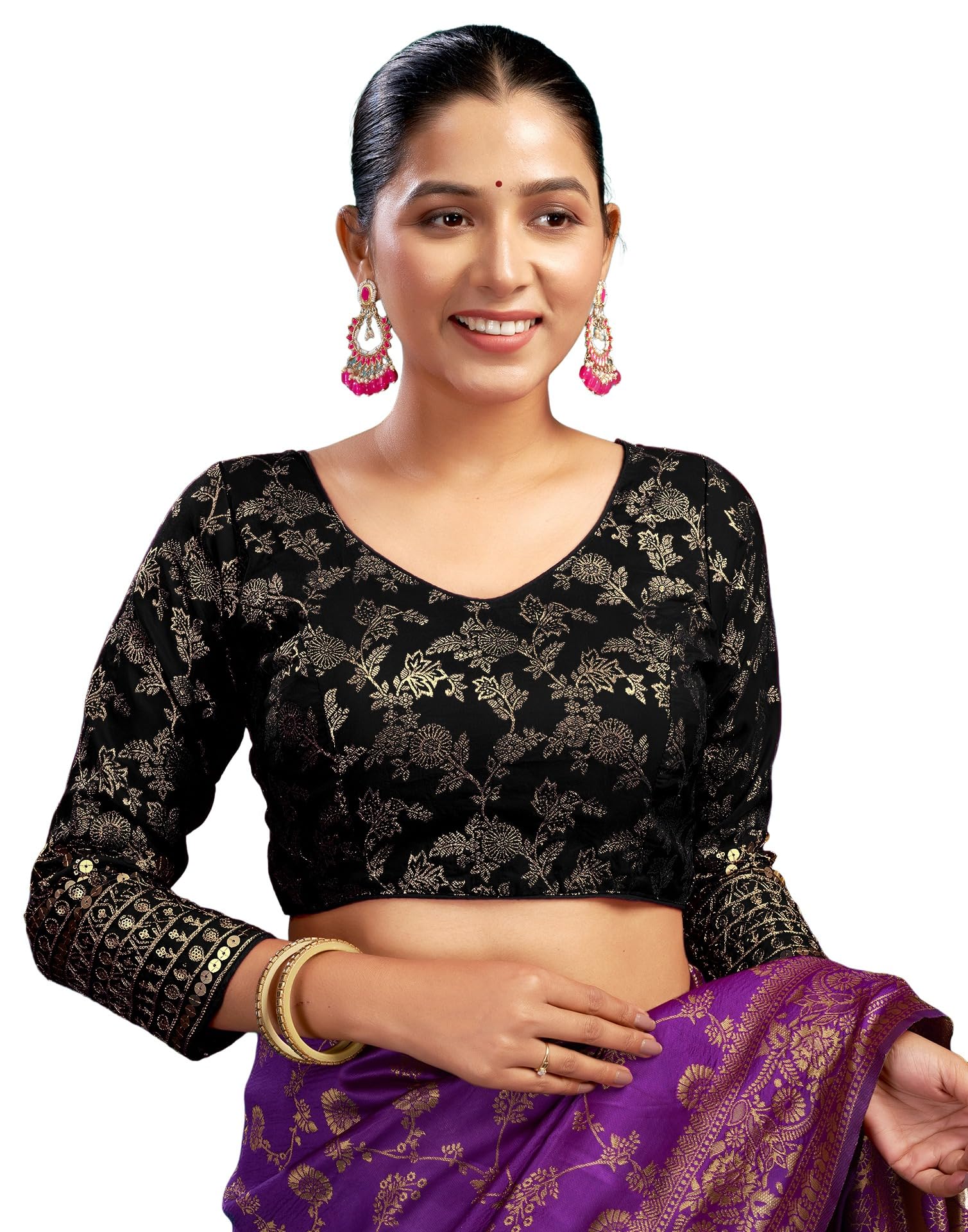 SIRILReadymade Saree Blouse for Women | Silk Blend Sequence Embroidery 3/4 Sleeve Blouse | Stitched Padded Blouse