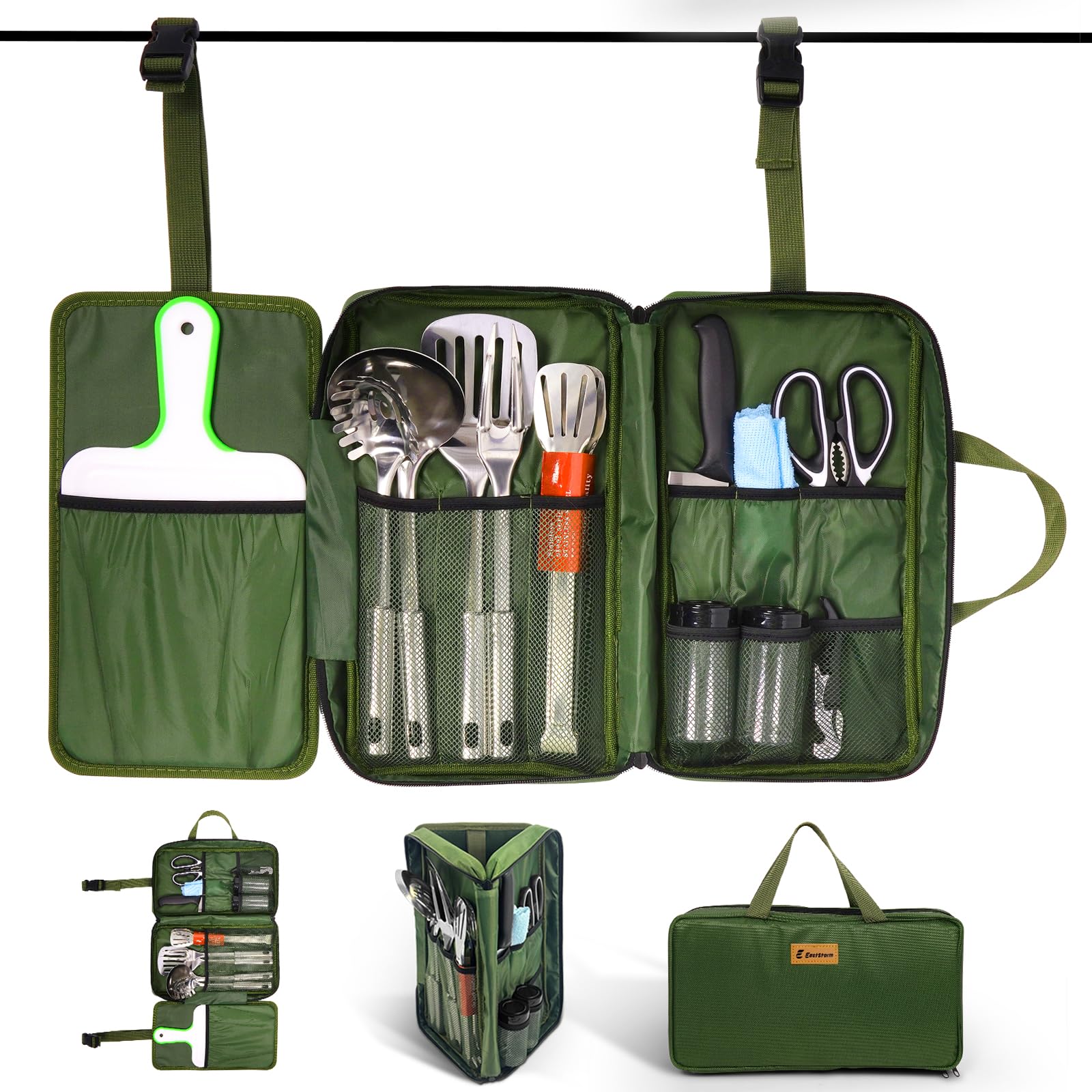 E EASTSTORM Camping Accessories Kitchen Utensil Set,12 Pcs Organizer Travel Kit with Multifunctional Cutlery,Stainless Steel Spoon Spatula,Tongs,Waterproof Storage Bag,Equipment