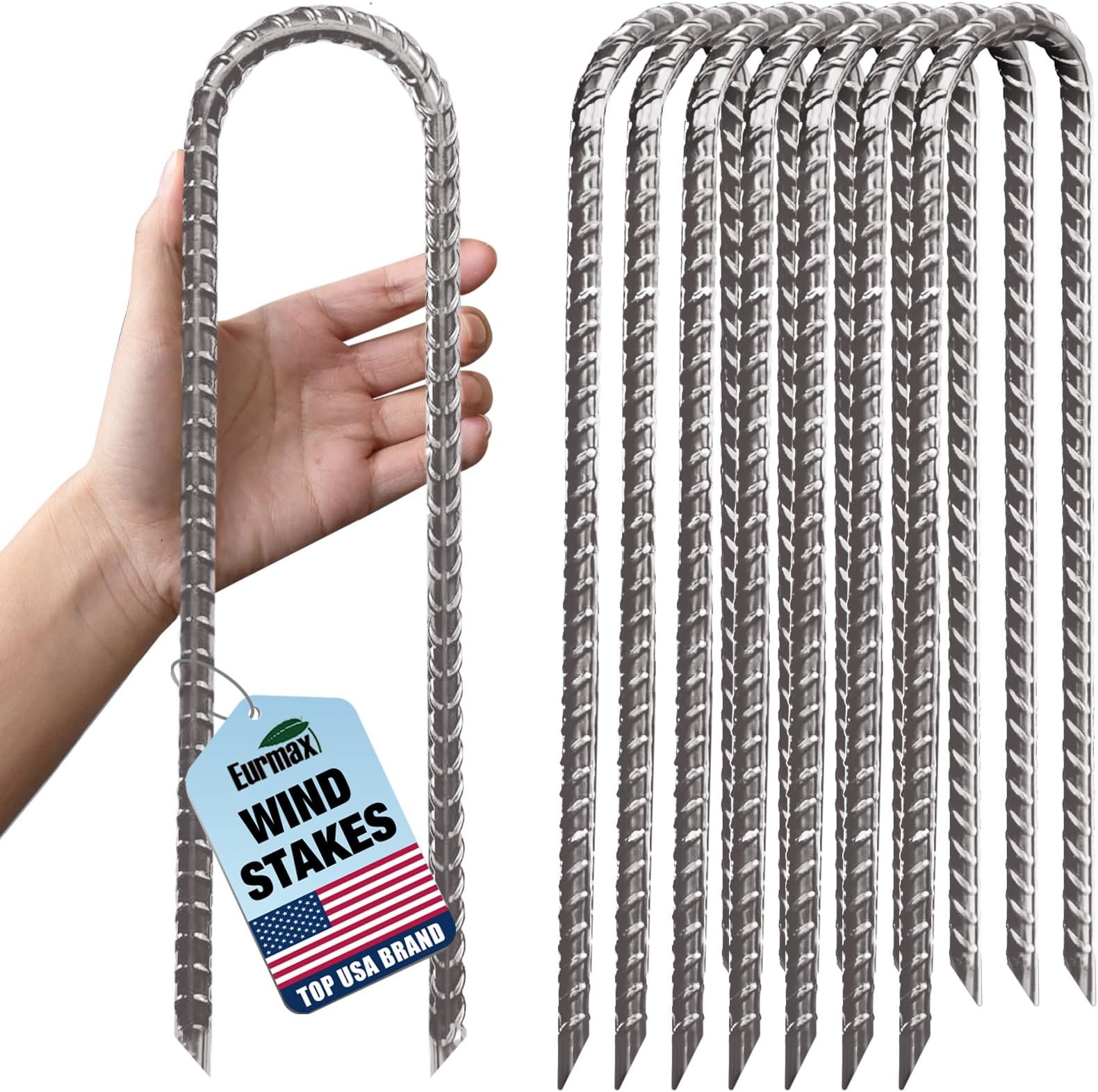 Eurmax USA 12" Windproof Trampoline Stakes,Rust-Proof Galvanized Steel U-Shape Ground Anchor,Commercial Tent Stakes for High Winds,Secure Anti-Flip Tie Down for Soccer Goals,Swing Sets,Fences&Playsets