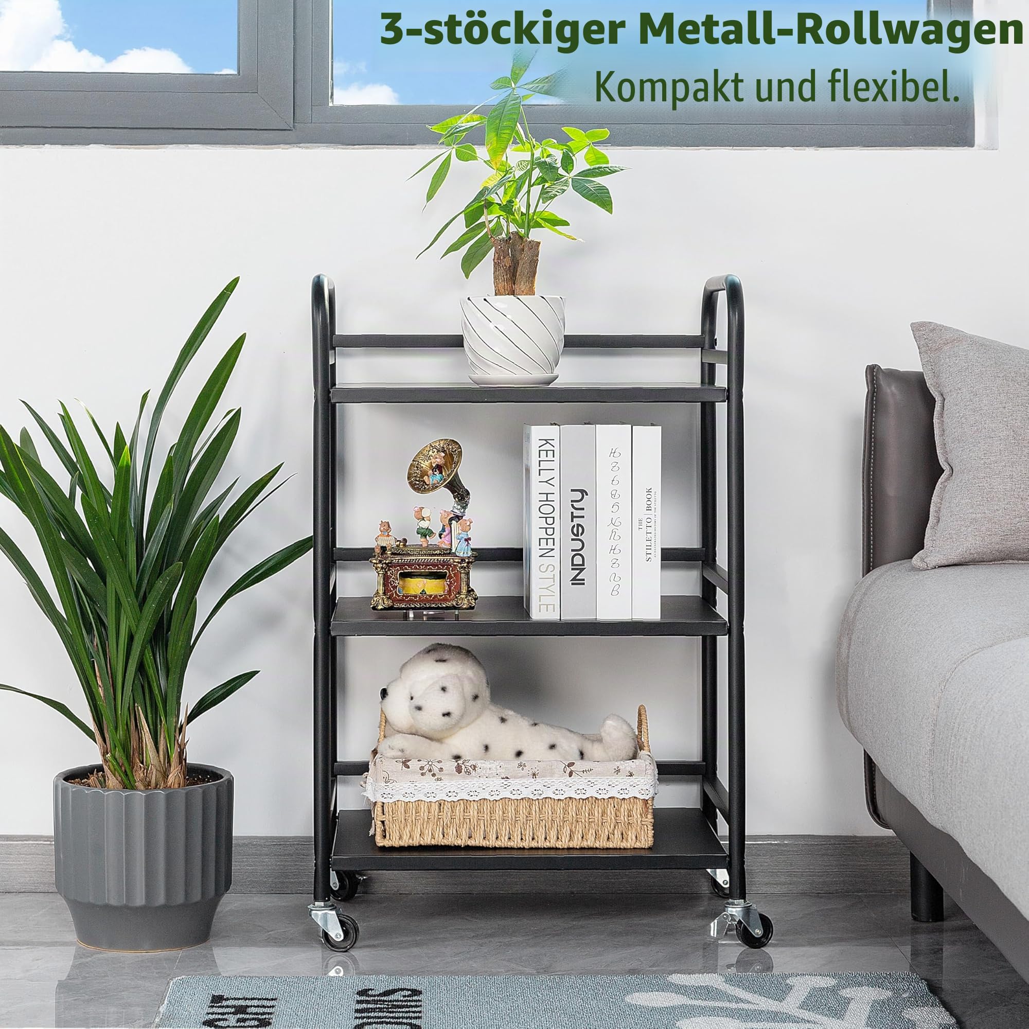 HDANI Servierwagen,3 Ebenen Servicefahrzeug aus Metall mit Rollen,für kleine Räume, Küche, Esszimmer, Bar, Bäder, rollwagen Schwarz,48×30×75cm