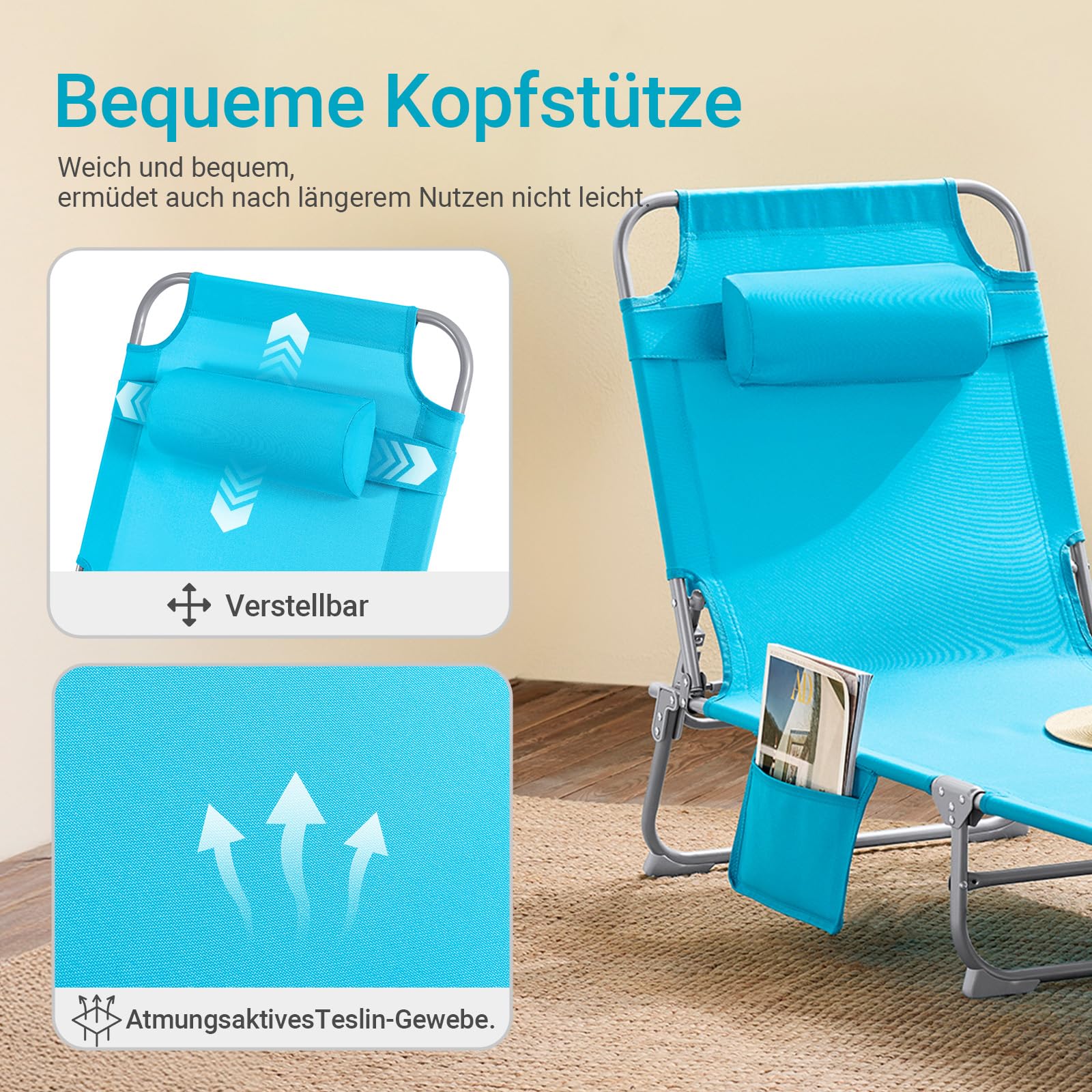 SoBuy OGS35-Bx2 Leżak Plażowy Leżak Plażowy Ogrodowy Składane z Poduszką i Boczną Torbą 2 szt. szer. x wys. x gł.: ok. 195 x 29 x 62 cm