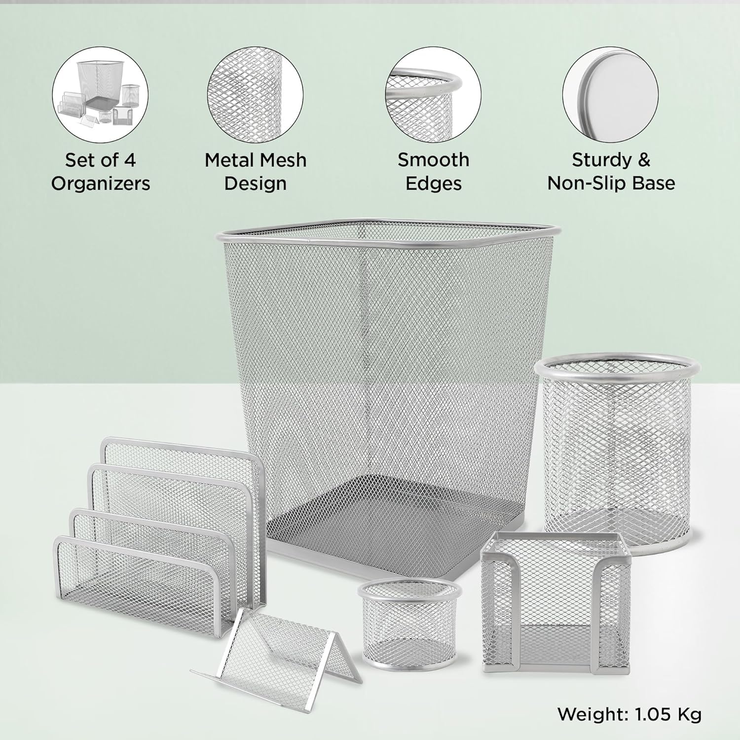 Kuber Industries Zestaw 6 szt. siatkowy metalowy organizer na biurko, książki, pamiętniki, teczki, uchwyt na długopisy i spinacze do papieru, mini pojemnik na śmieci i wizytówki, stojak na gazety