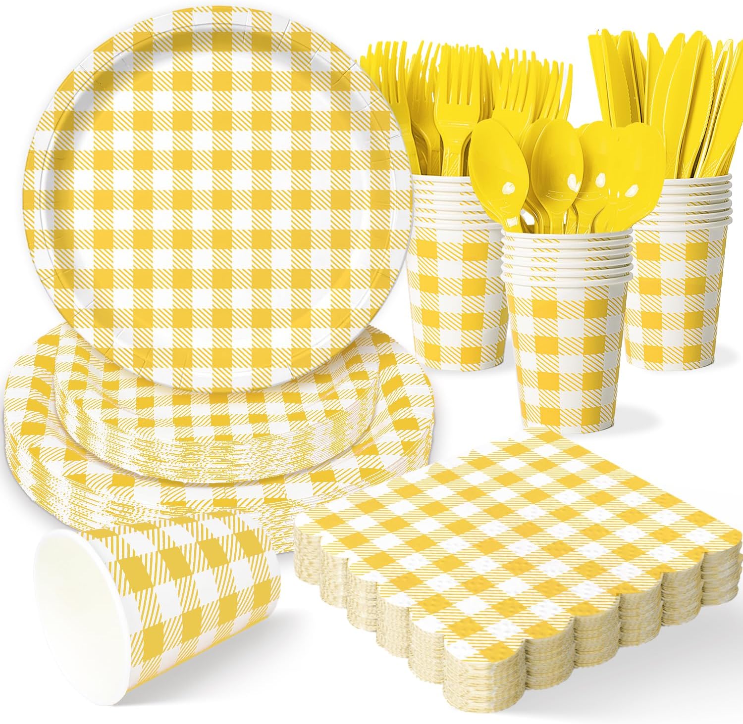 Vyntra 175-Pc Yellow Gingham Paper Plates and Napkins Party Supplies