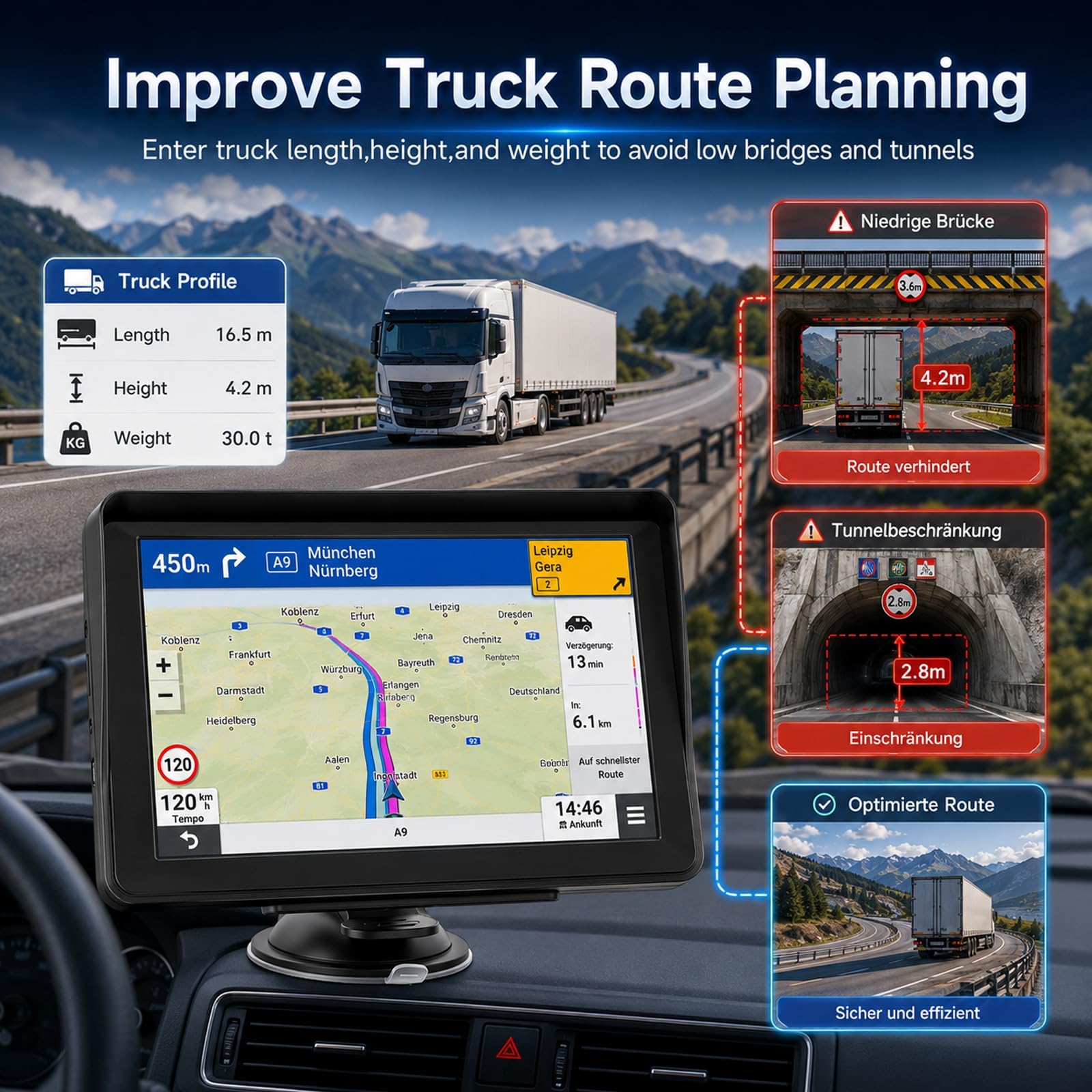 7" Navigationsgerät für Auto & LKW, Radarwarner, Kartenupdate | LKW-Routen zur Brückenvermeidung; 12 GPS-Kanäle für starkes Signal; Radarwarner; 7" HD-Display; Inklusive Anleitung