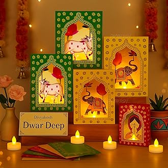Divyakosh Paper Deep Dwar (Pack of 4) with LED Candles | Jharokha Style Home Décor Item, Ganpati Diwali Decor, Pooja/VaraMahalaxmi Decoration | Wall Decor, Stairs Decoration, Easy DIY Craft |