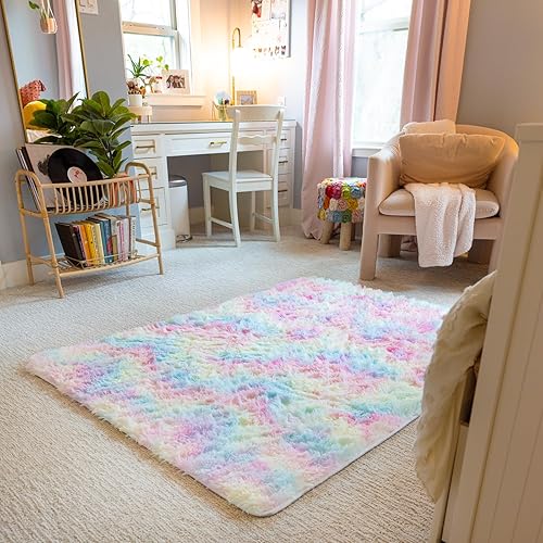 Miniatura 6 de Ophanie Alfombras de arco iris lavables a máquina de 4 x 6 pies para dormitorio, alfombra de área suave y esponjosa, antideslizante, para sala de