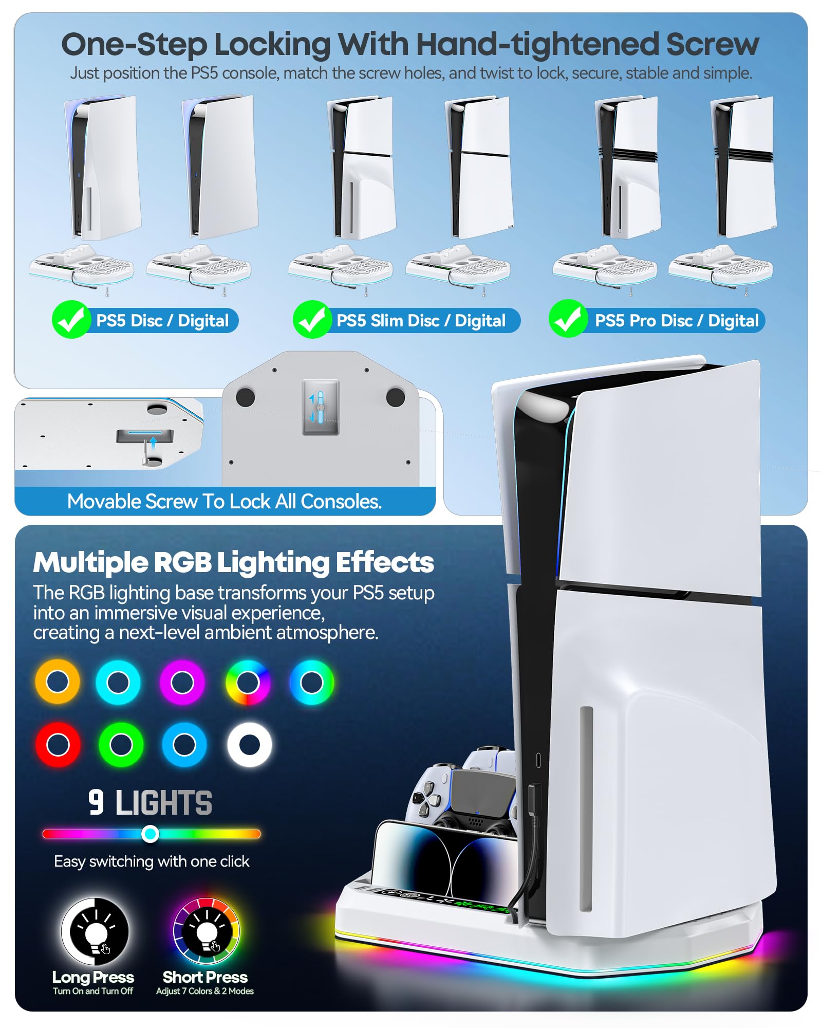 Soporte de Refrigeración para PS5 Compatible con PS5/Slim/Pro, RGB Cargador para PS5 Mandos Base de Vertical refrigeración para PS 5 con 3 Niveles Ventilador