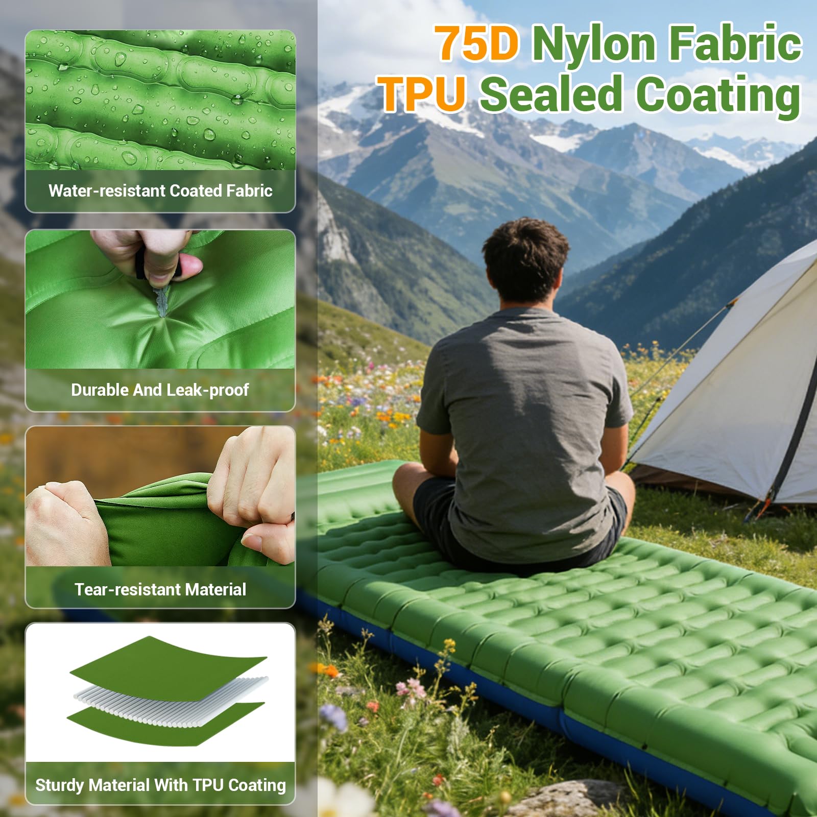 JATEKA Materassino Gonfiabile Campeggio Ultra Leggero con Cuscino Integrato 14 cm Materasso Gonfiabile Singolo per Viaggi Outdoor Spiaggia Materassino da Campeggio Azzurro-Verde