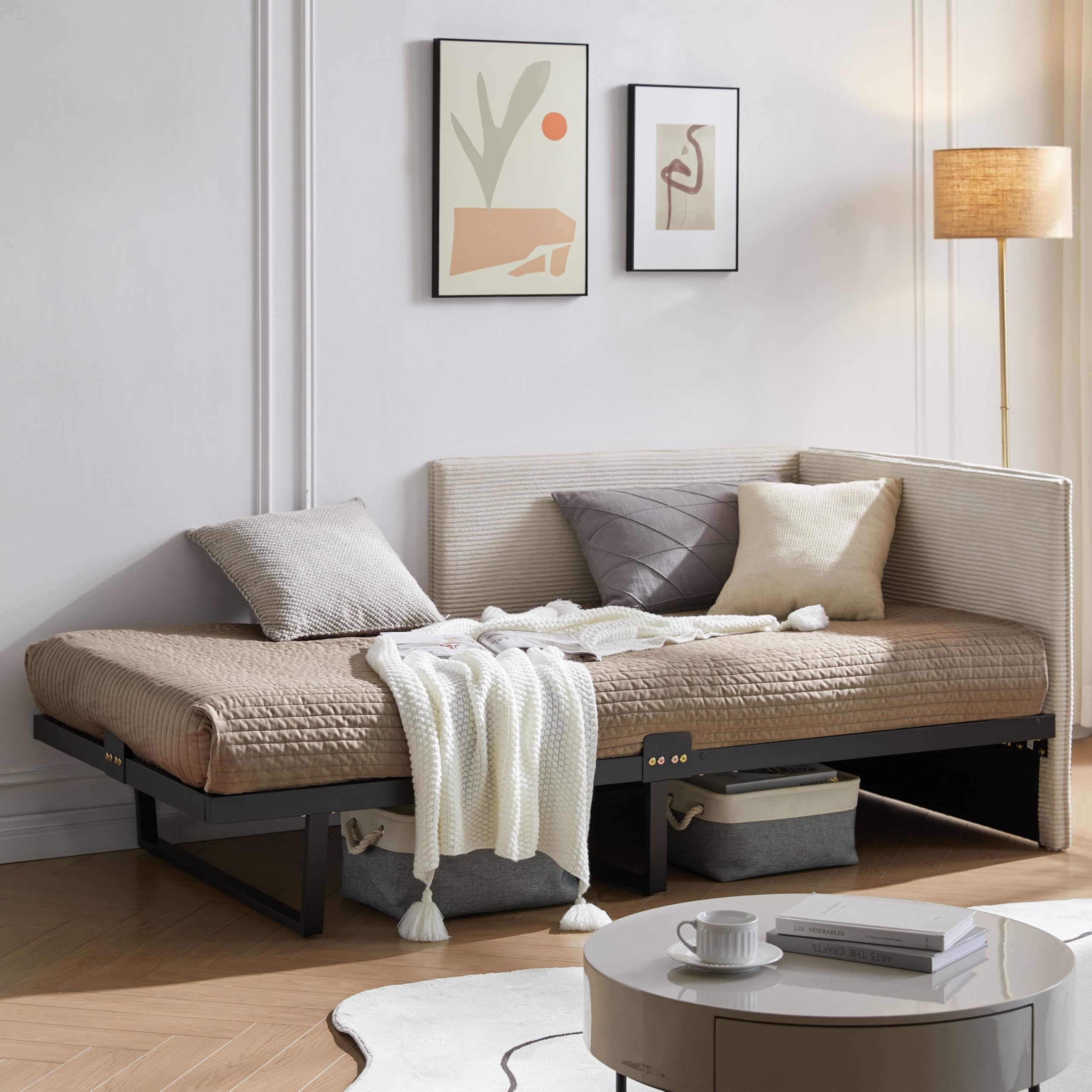 QNZK Twin Size Upholstered Daybed Frame, Corduroy Corner Sofa Bed, Guest Bed with Versatile Side Placement, Wood Slat Support, Kids & Teens Rooms, No