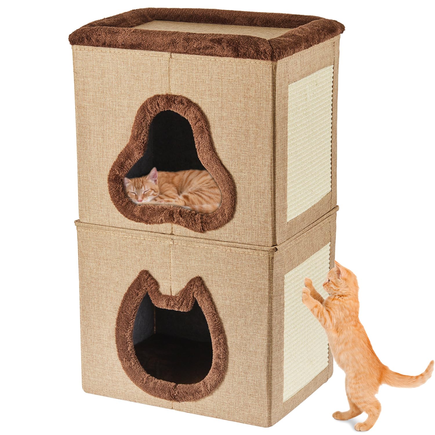 2-Tier Cat House for Indoor Cats Bed, Covered Cat Beds with Hideaway Cave and Scratch Pad, Foldable Modern Cat House for Multi Small Pet Large Kitten Kitty