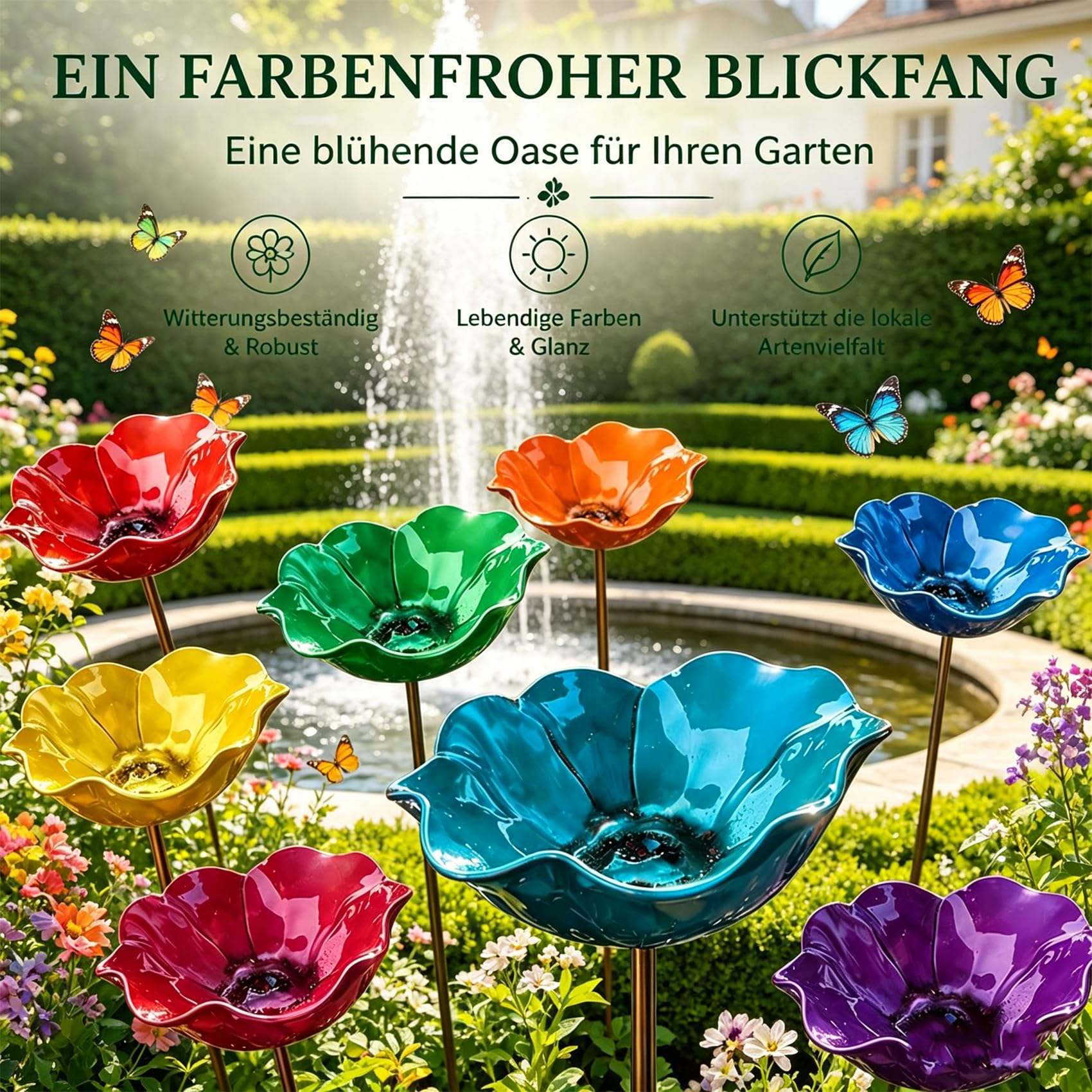 Blumen Gartenstecker VogelträNke, 3/4 Stück Handgefertigter Gartenstecker Aus Metall Als Bienentränke & Vogelbad, Bienentränken Blume für Den Garten (3 Stück-B)