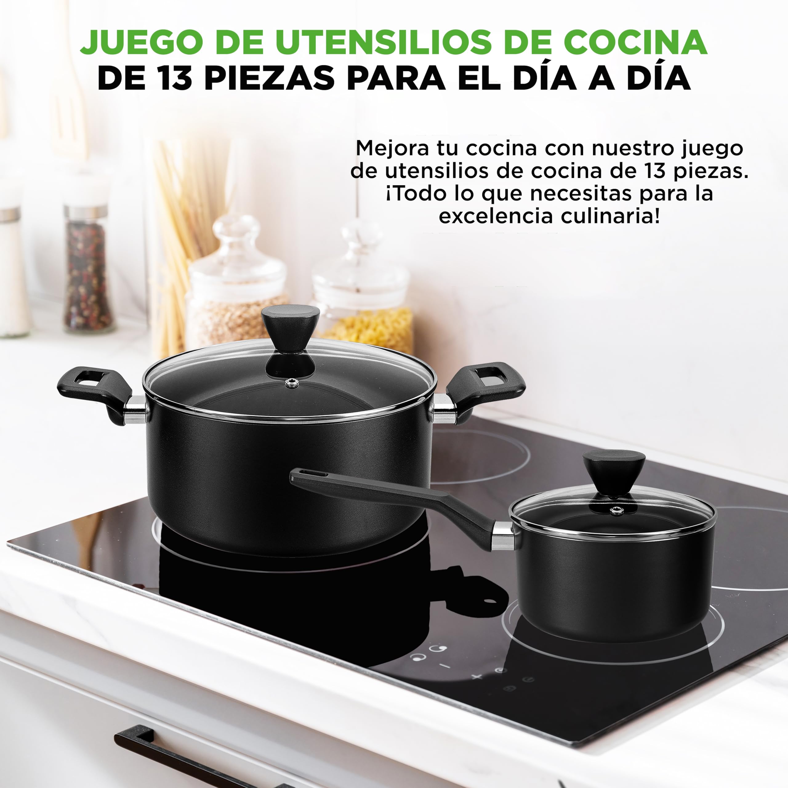 Nutrichef bateria de cocina, 13 piezas, Tapas Antiadherentes, Resistentes al calor, Cacerola, Sartenes, Ollas, Cazuela, Cucharon, Tenedor y Colador, Color negro