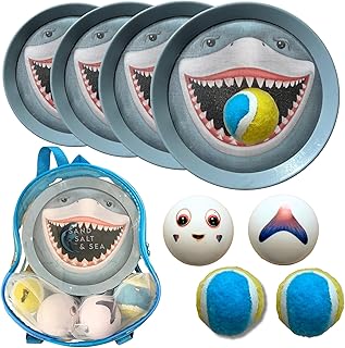 Ball and Catch Game for Kids w/Paddle Ball Option- Toss and Catch Ball Set w/ 4 Shark Design Catch Paddles - Clear Beach Toys for Kids Carrying Bag- Outdoor Yard Lawn or Beach Games for Kids & Adults