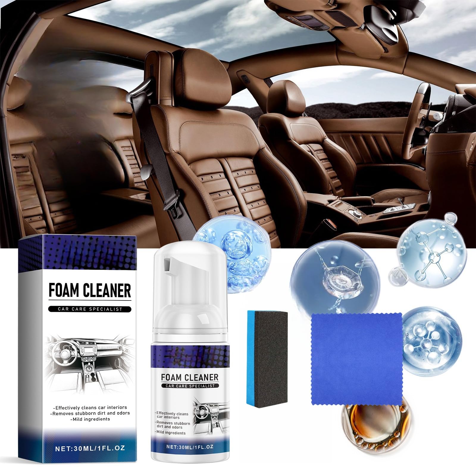 Car Interior Foam Cleaner 30ml Upholstery Cleaning and Revitalizing Spray with Sponge & Towel, Ideal for Car Seats and Interiors, Removes Stains and Dirt, Restores Shine to Fabric & Leather