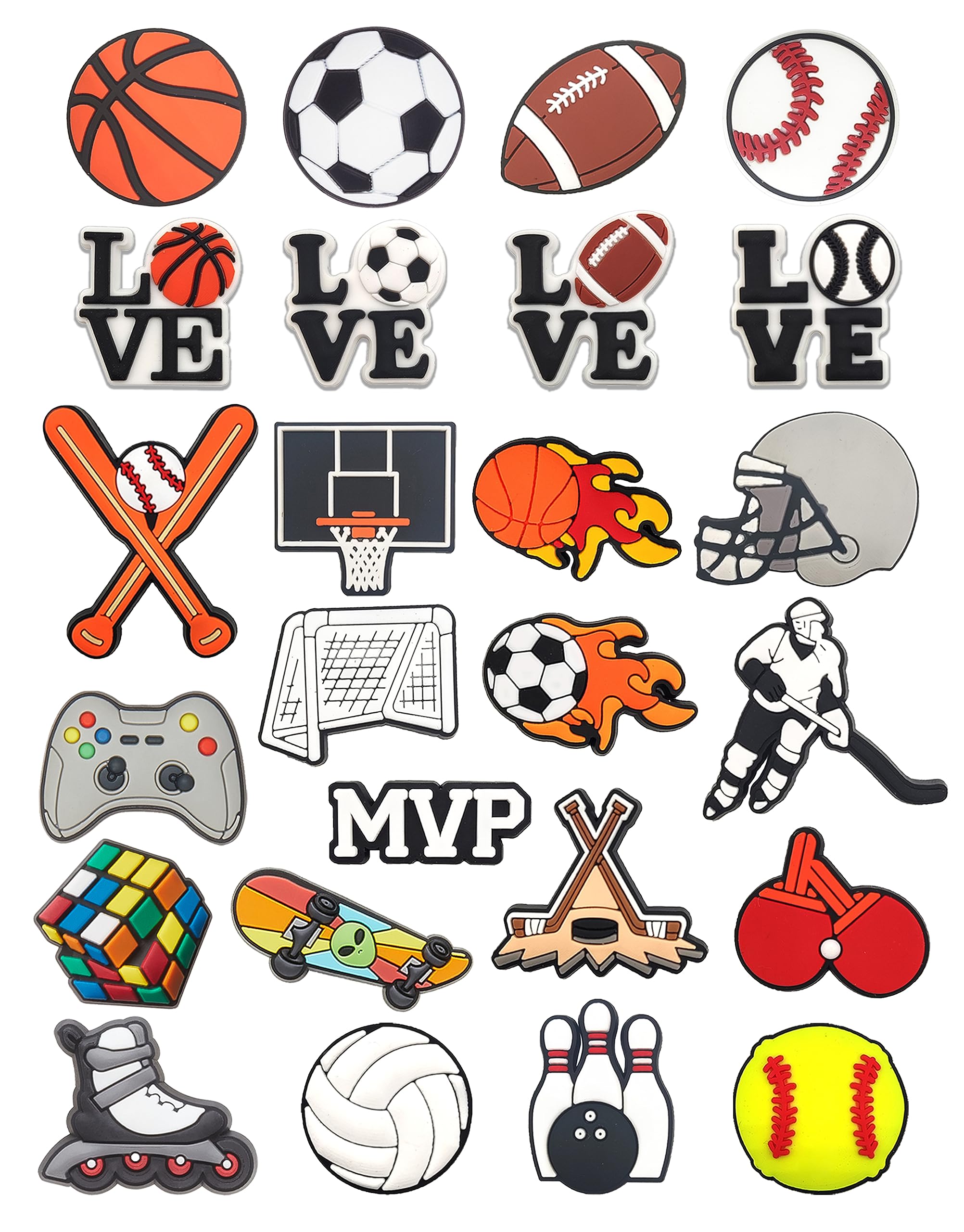 25Pcs Shoe Charms for Boys Shoe Decorations Football Basketball Baseball with Buttons for Clog Sandals Birthday Party Gift