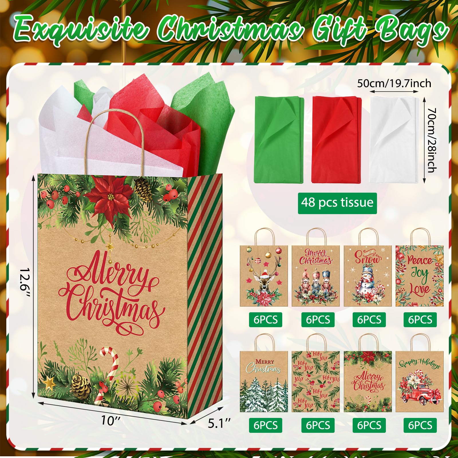 48 grandi sacchetti regalo di Natale con 24 sacchetti di carta velina, sacchetti di carta kraft per regali con manici, 8 stili di sacchetti regalo di Natale per avvolgere regali di Natale, bomboniere,