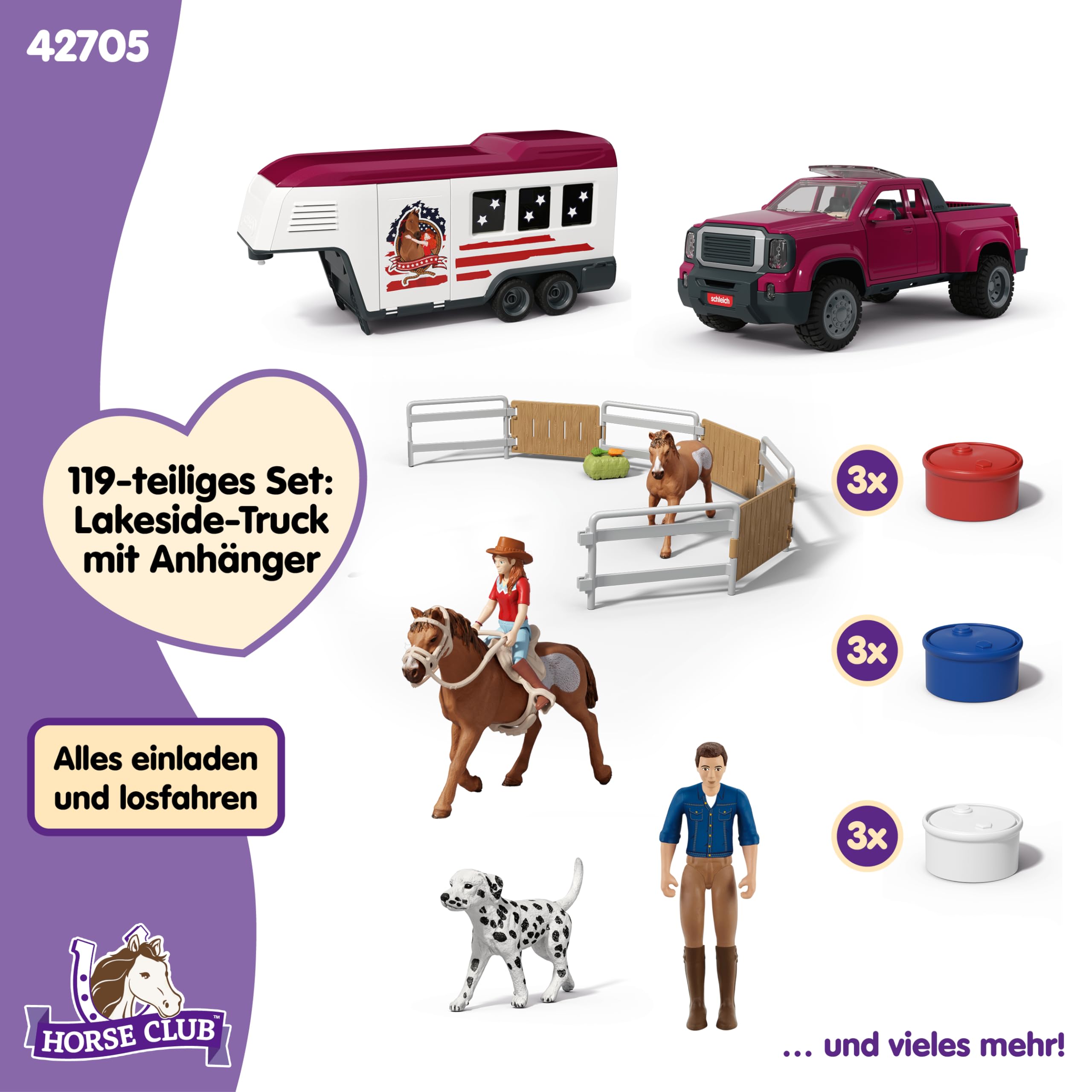 schleich Horse Club | Lakeside Truck mit Anhänger 42705 | 119-teiliges Set | Set inkl. Truck, Pferdeanhänger, Pferdebox, Hannah, 2 Pferde, Hund & Zubehör | Pferdespielzeug & Geschenk ab 5 Jahren
