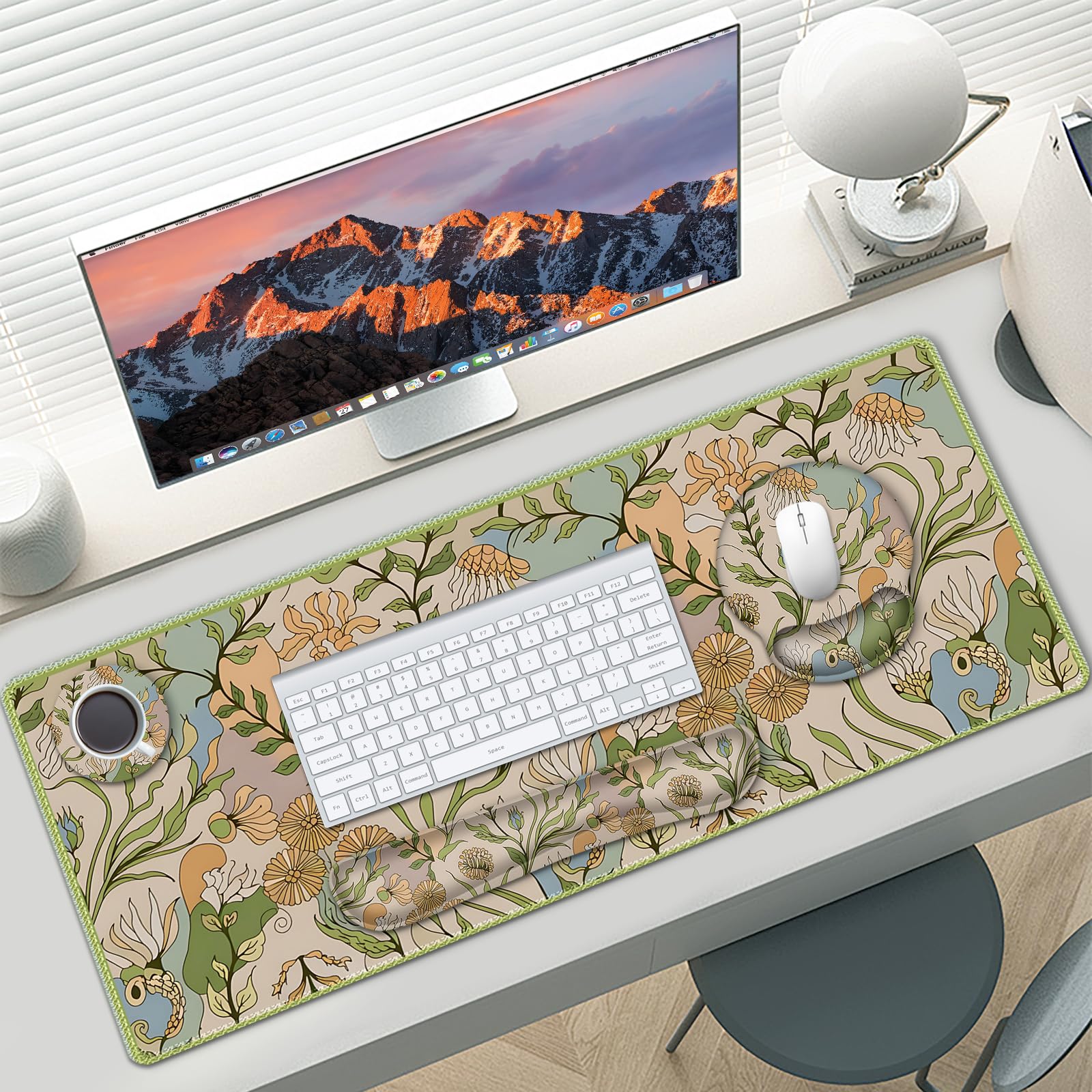 AIMSA Grand tapis de souris ergonomique avec repose-poignet, tapis de souris de jeu avec support de poignet, tapis de clavier combo accessoires de décoration de bureau, plantes abstraites à fleurs
