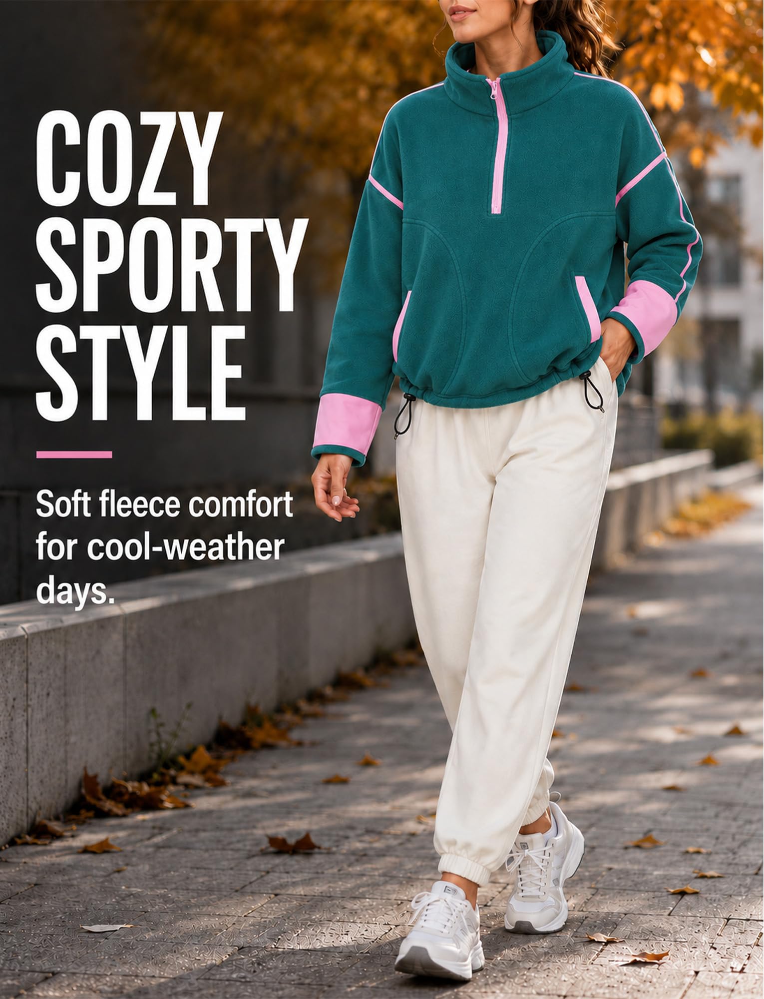 FEOYA Damska bluza polarowa z zamkiem błyskawicznym oversize, ciepły sweter, ZIELONY, L | Polarowy top z kieszeniami na jesień zimę sport spacery piesze codzienne odzież domowa