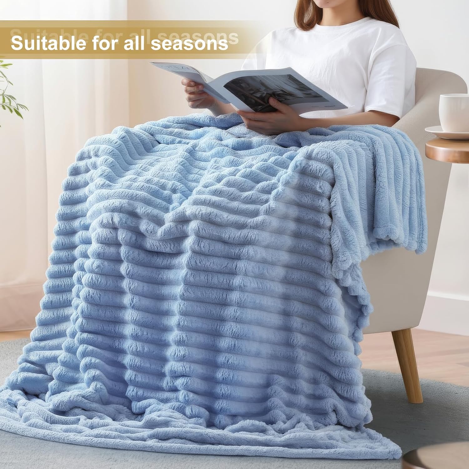 decorUhome Soft Fleece Blue Grey Twin Blanket for Bed, Cozy Fluffy Plush Flannel Striped Throws for Couch Sofa, Lightweight Decorative Ribbed Fuzzy Blanket for Woman, 60x80 Inches - Image 5