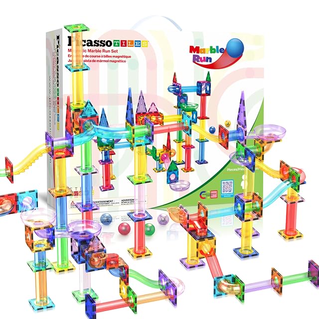 PicassoTiles Marble Run - Juego de 150 piezas de azulejos magnéticos para construcción y aprendizaje STEM con…
