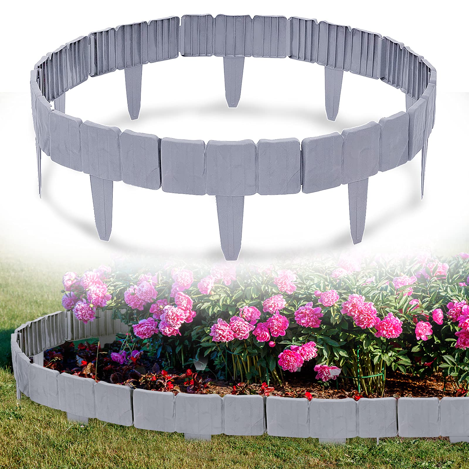 Bordures De Jardin Imitation Pierre - Lot De 20, Longueur Totale 500 Cm, Hauteur 23 Cm | Plastique PP Durable, Facile à Installer