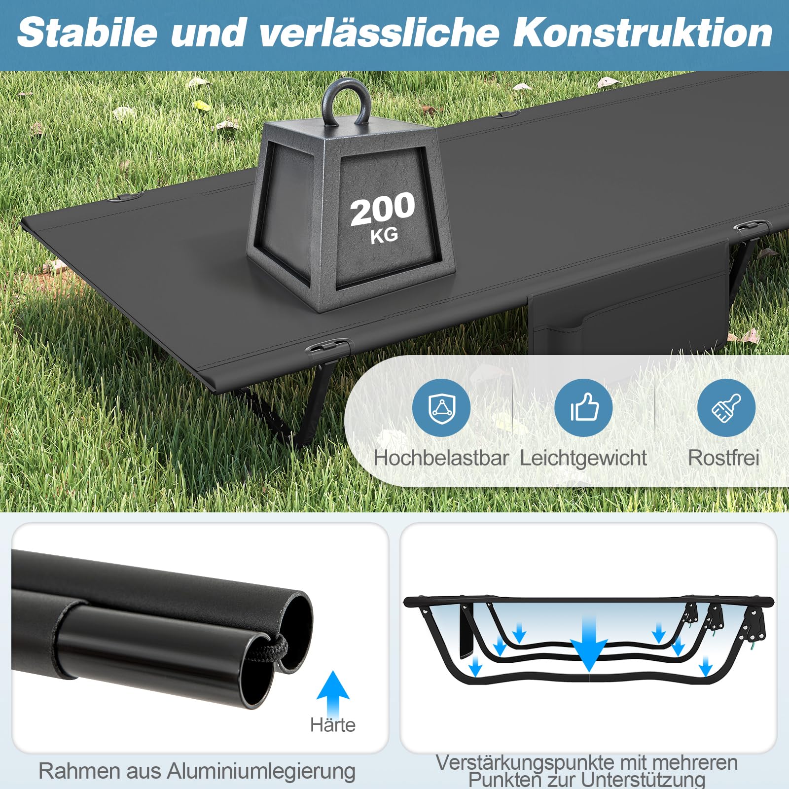 COSTWAY Feldbett klappbar, ultraleichtes Campingbett mit Seitentasche, 193 x 70 cm, tragbares Klappbett, 200 KG Tragkraft, Campingliege für Camping, Reisen, Strand (Schwarz)