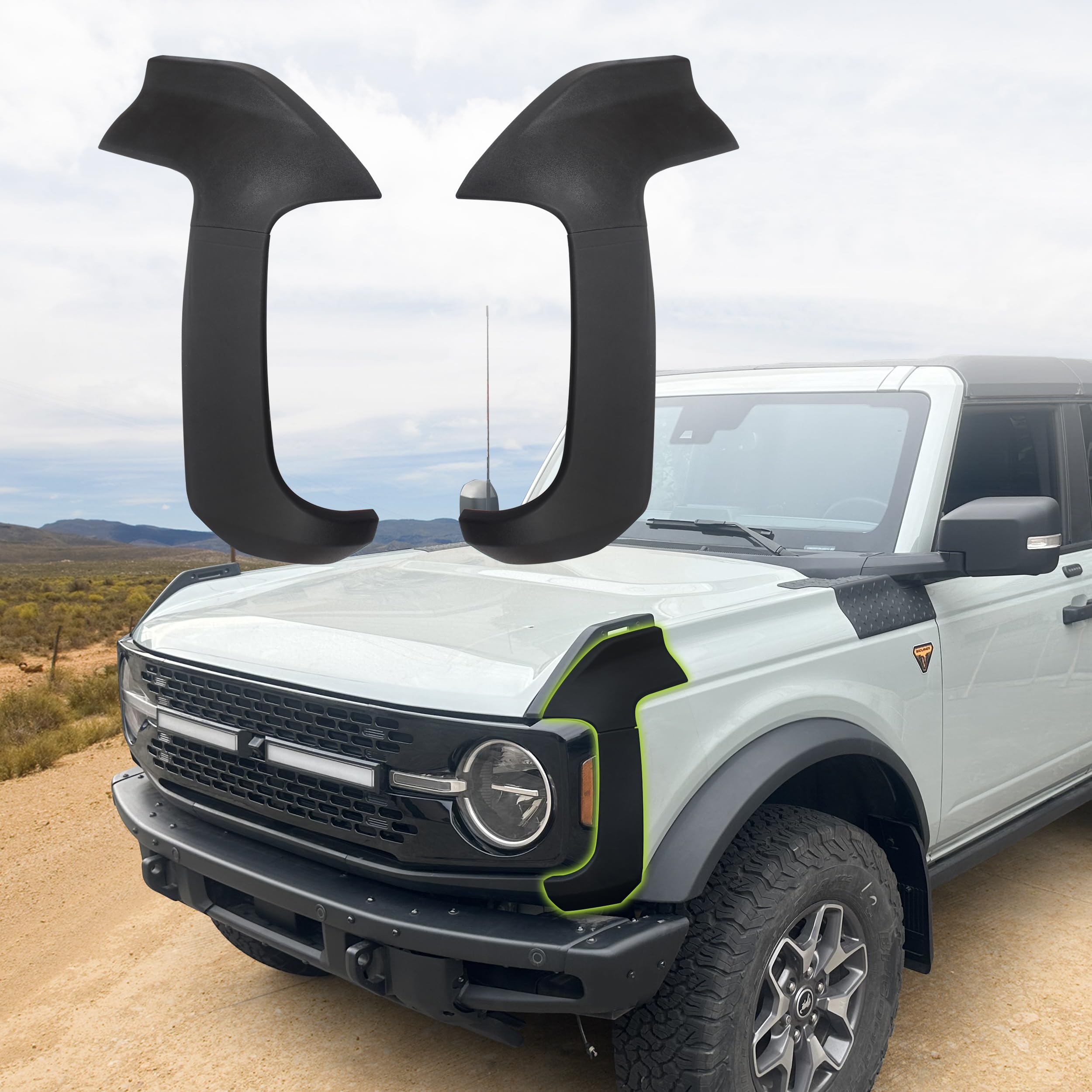 Protectores de esquinas automotrices KAKABAS, cubierta embellecedora para esquinas, compatible con Ford Bronco 2021-2023, 2 puertas, accesorios, cubierta de esquina lateral de pared frontal, protector de carrocería, juego de 2 piezas negro