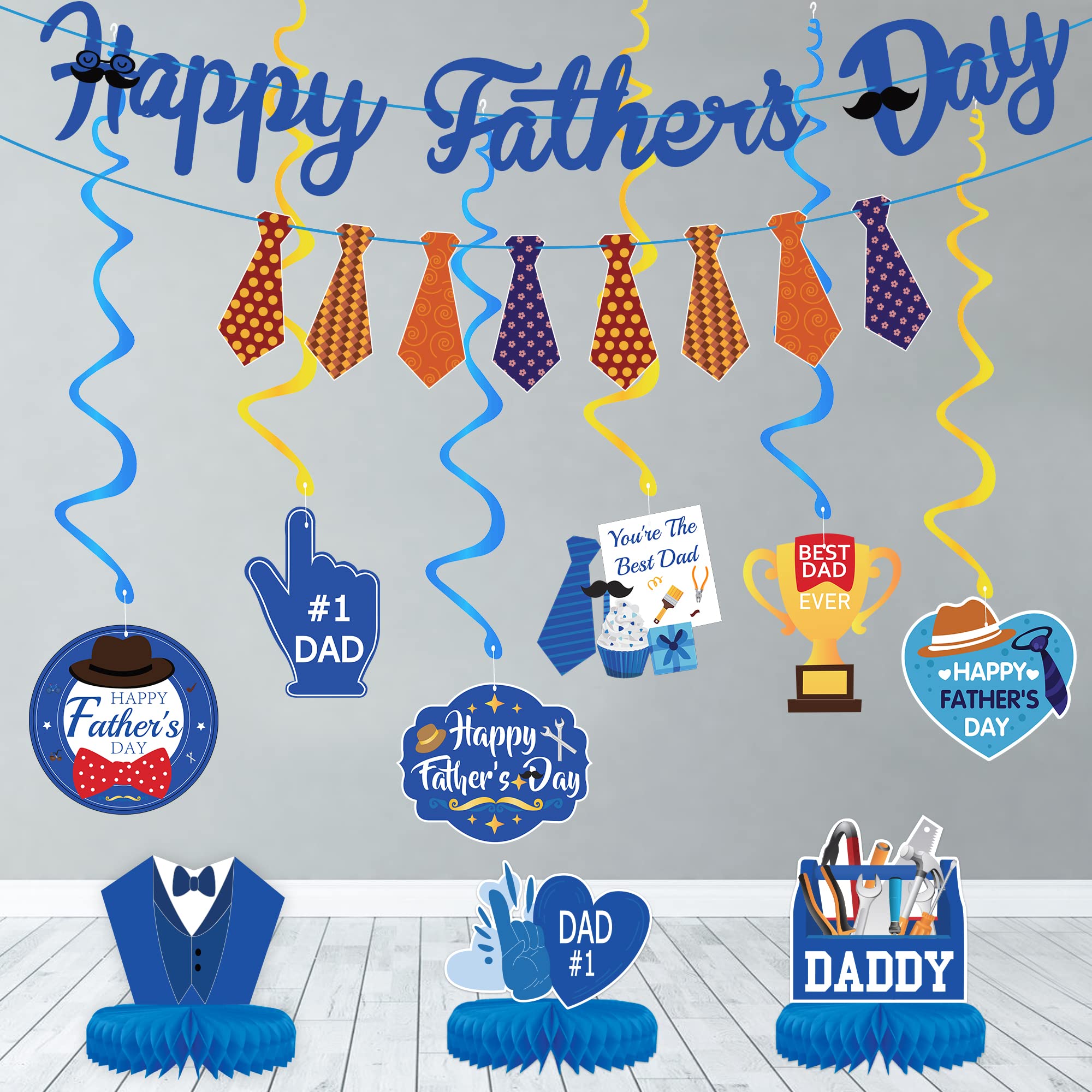 Father's Day Party Decorations Supplies - NO DIY- Father's Day Decorations Set Include 6pcs Hanging Swirls & 2pcs Happy Father's Day Garland Banners &