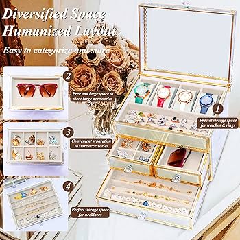 Youdepot ジュエリーボックス 時計ボックス 時計収納ケース ジュエリー収納 高級強化ガラスディスプレイストレージ グレーベルベット引き出し4個付き イヤリング リング ウォッチ ネックレス ブレスレット ディスプレイケース ギフト