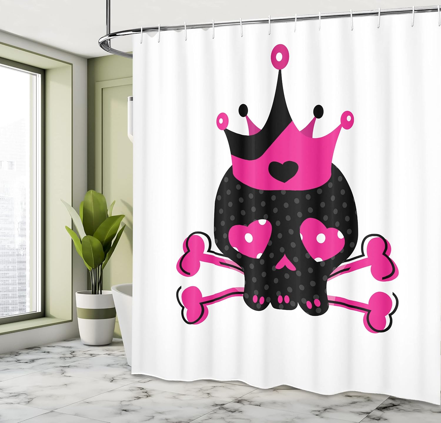 Ambesonne Skull Shower Curtain, Royal Skull with Crown and Crossbones Day of The Dead Queen Heart Eyes, Cloth Fabric Bathroom Decor Set with Hooks, 69" W x 75" L, Pink Black