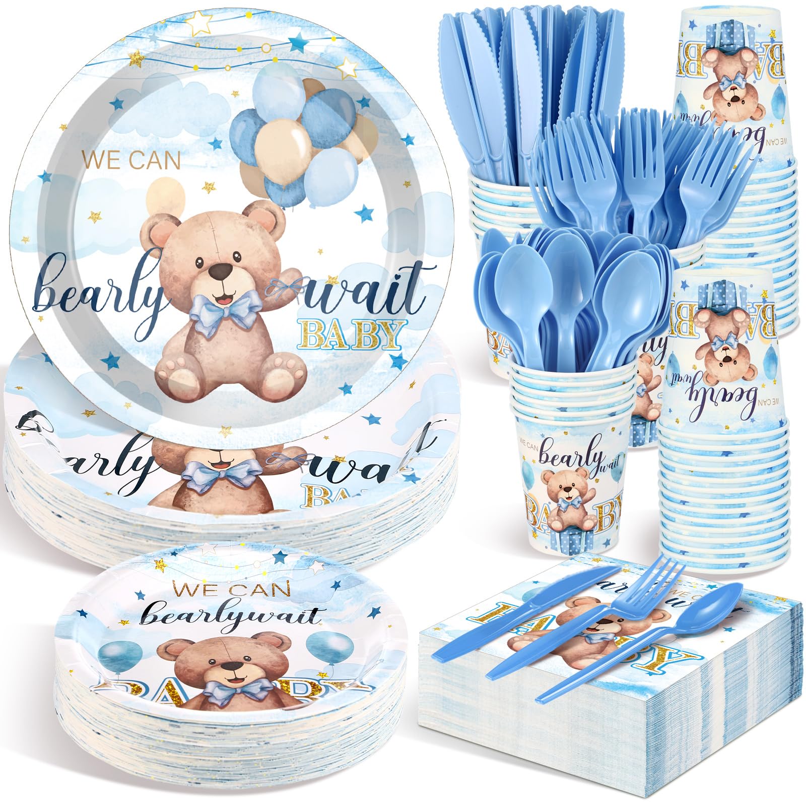 Dandat 350 Pcs Baby Shower Plates Set Baby Shower Party Supplies Serves 50 Tableware Sets Include Plates Napkin Cup Forks Knives Spoons Disposable Dinnerware(Bear,Blue)