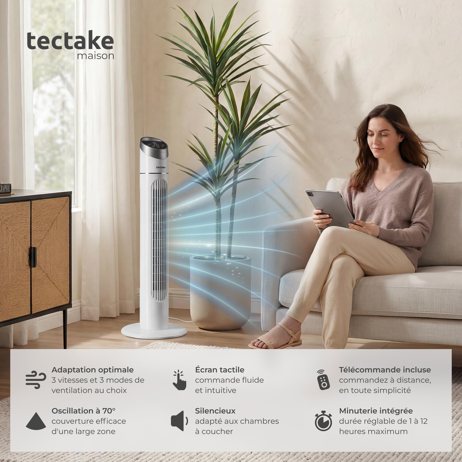 tectake® Ventilateur Colonne 90 cm, 3 modes et 3 vitesses, Fonction de minuterie, Ecran LED, Télécommande, Ventilateur Silencieux & Oscillant pour Bureau, Chambre, Salon, Maison - Blanc