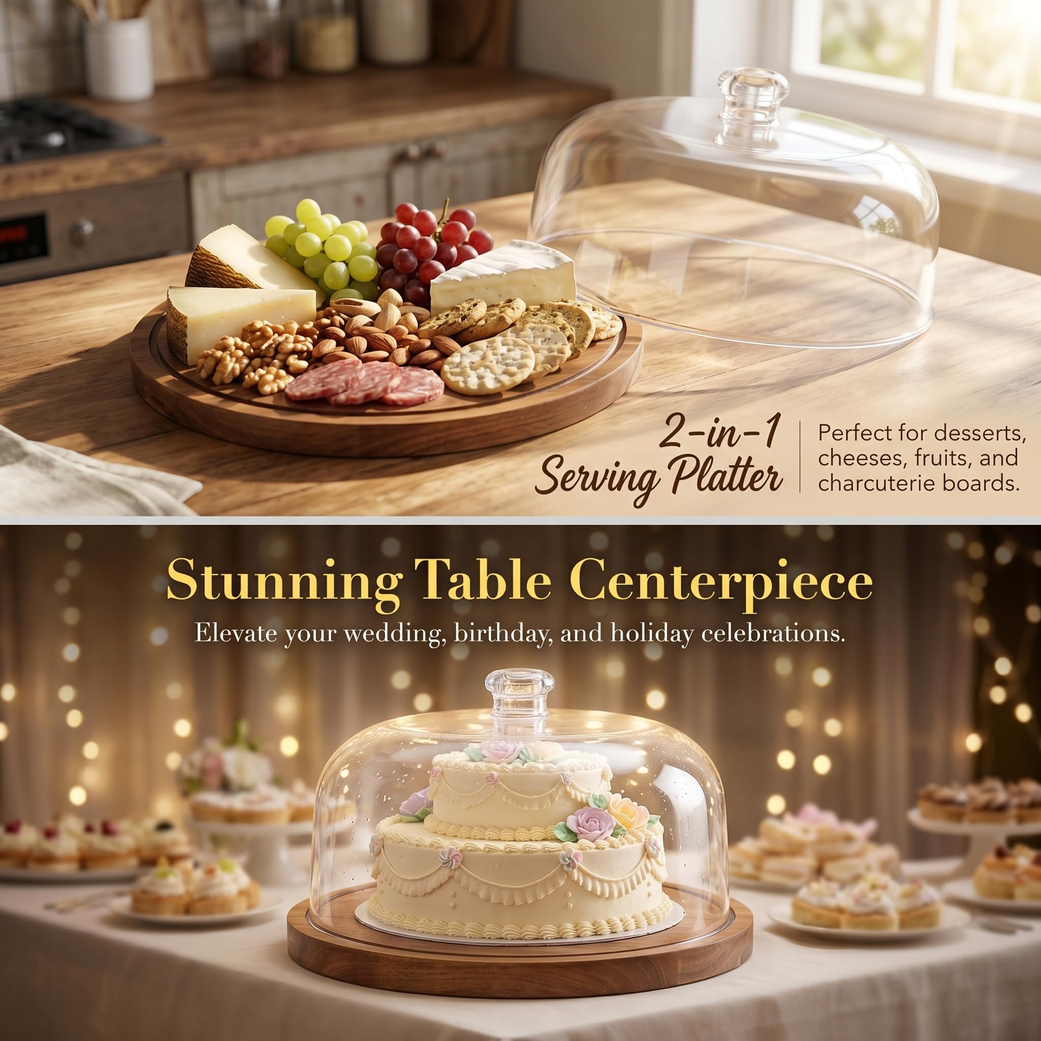 Soporte para tartas de madera de acacia con tapa, soporte redondo para tartas y tabla de embutidos, juego de mesa de postre con cúpula acrílica grande para queso, patatas fritas,