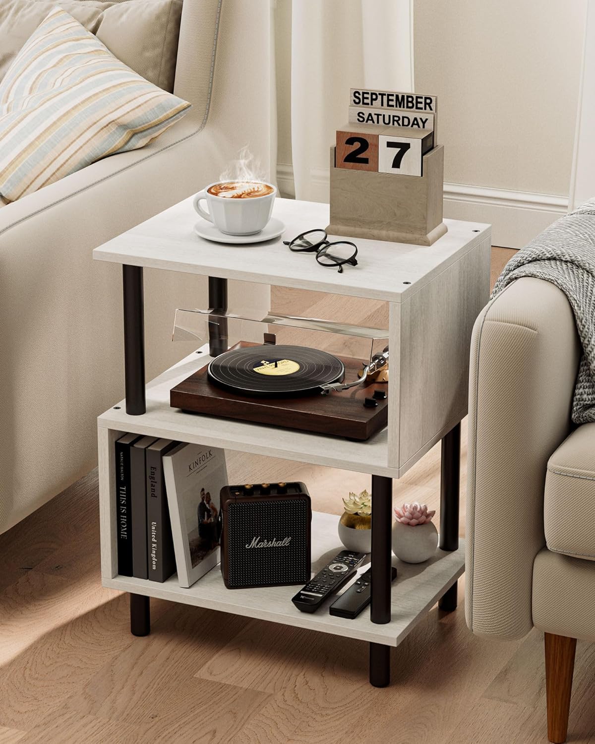 Frylr Small Side Table, End Table and Nightstand with 3-Tier Wood Shelves, Sturdy Metal Frame with 44 LBS Capacity per Shelf, Easy to Assemble for Living Room or Bedroom,Greige