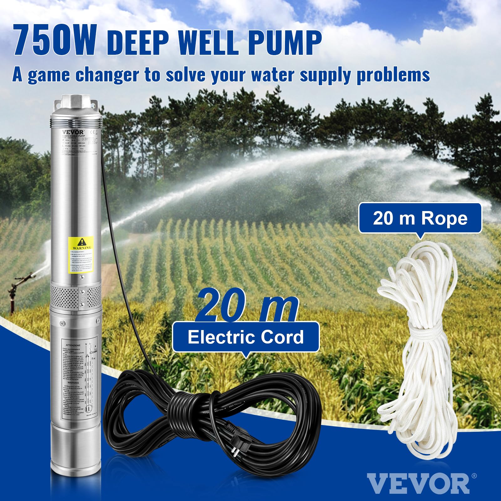 VEVOR Bomba de Pozo Profundo 750 W Sumergible 230V 50 Hz 105 L/min
